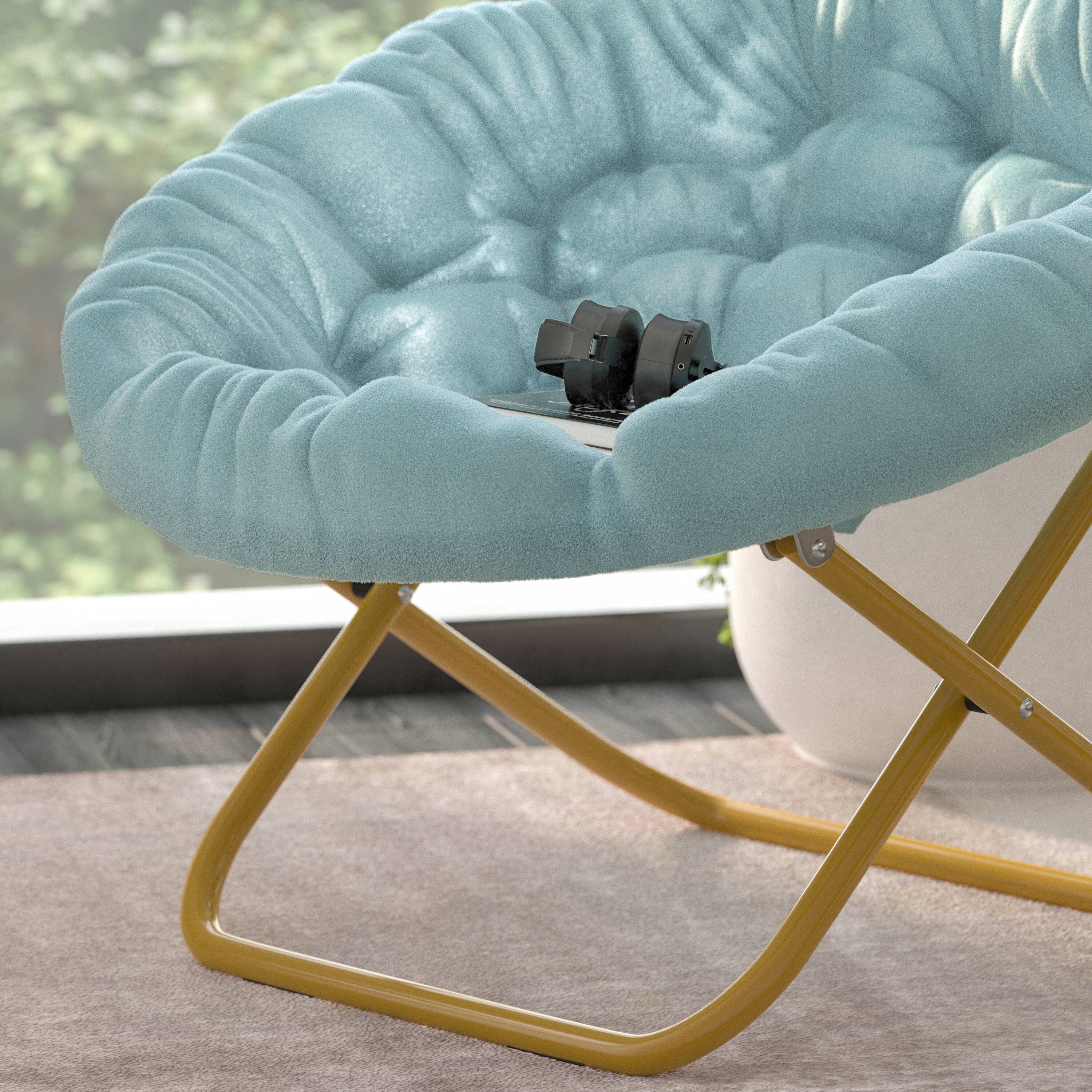 Alt View 4. Emma + Oliver - Ersa Oversize Folding Saucer Chair with Cozy Faux Fur Cushion and Metal Frame for Dorms, Bedrooms, Apartments and More - Dusty Aqua Faux Fur/Soft Gold Frame.