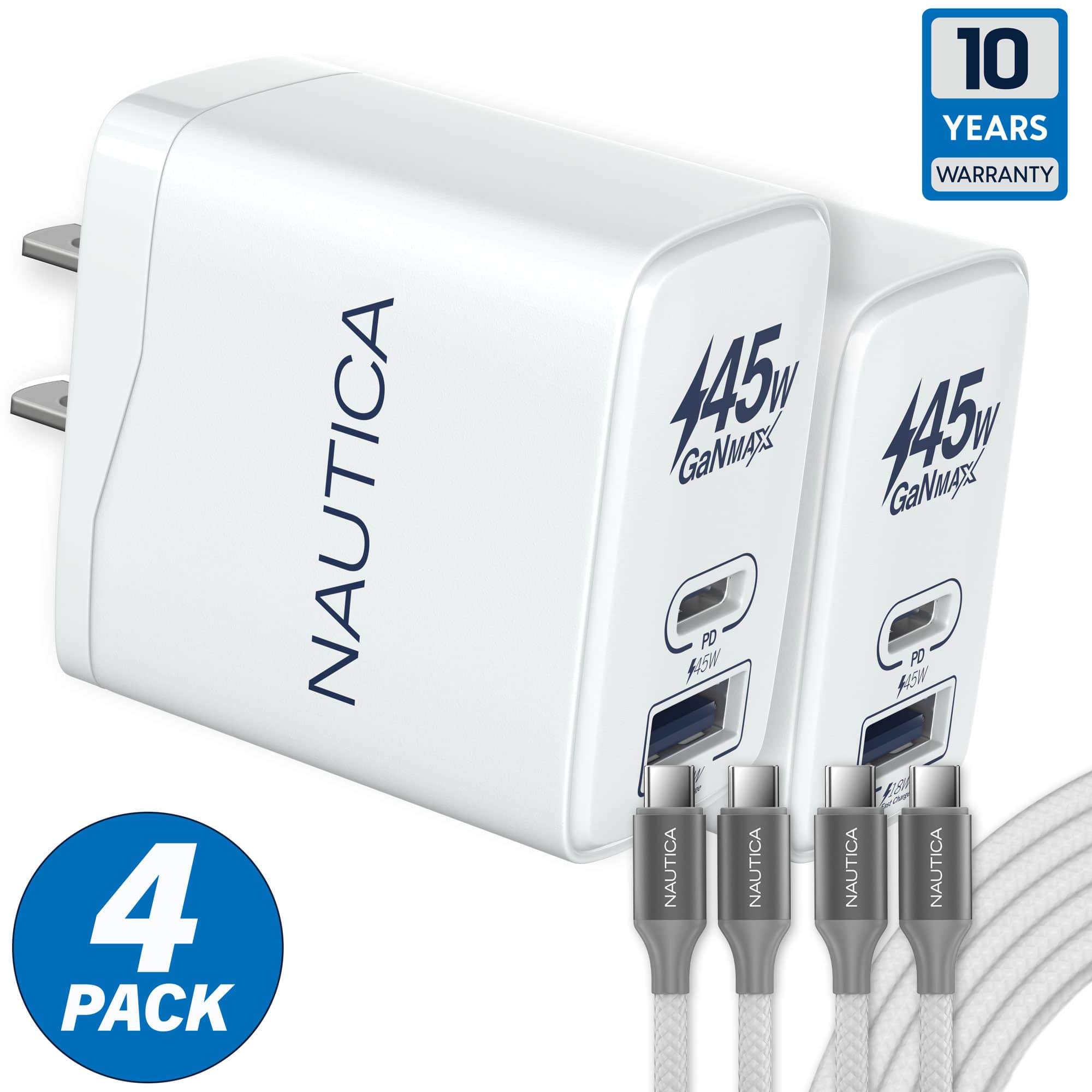 Nautica - Core 45 Wall Charging Bundle, 2 Pack 45W USB C Fast Chargers with 60W USB C Cables for iPhone, Android and more - White