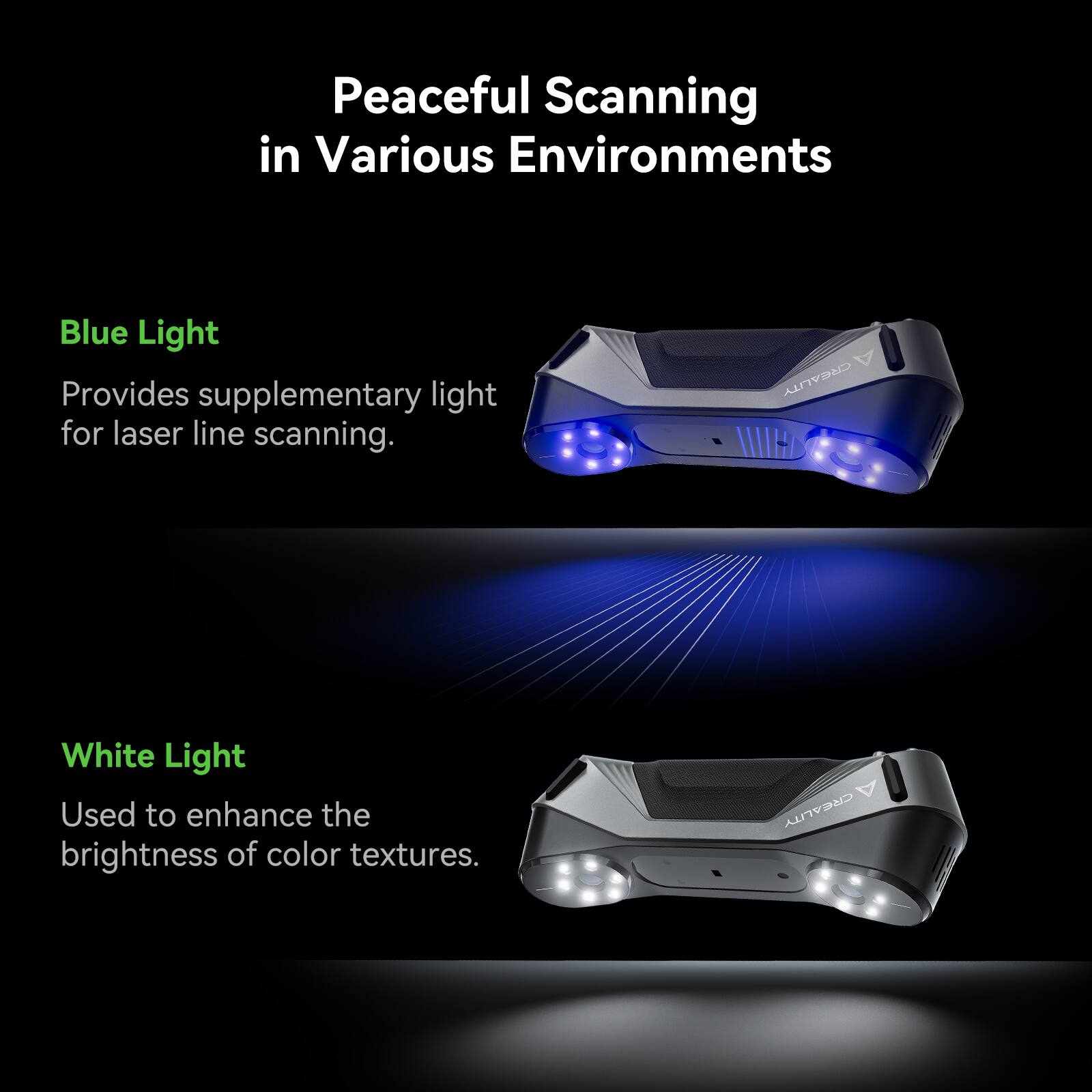 Peaceful Scanning in Various Environments:
* Blue Light: Provides supplementary light for laser line scanning.
* White Light: Used to enhance the brightness of color textures.