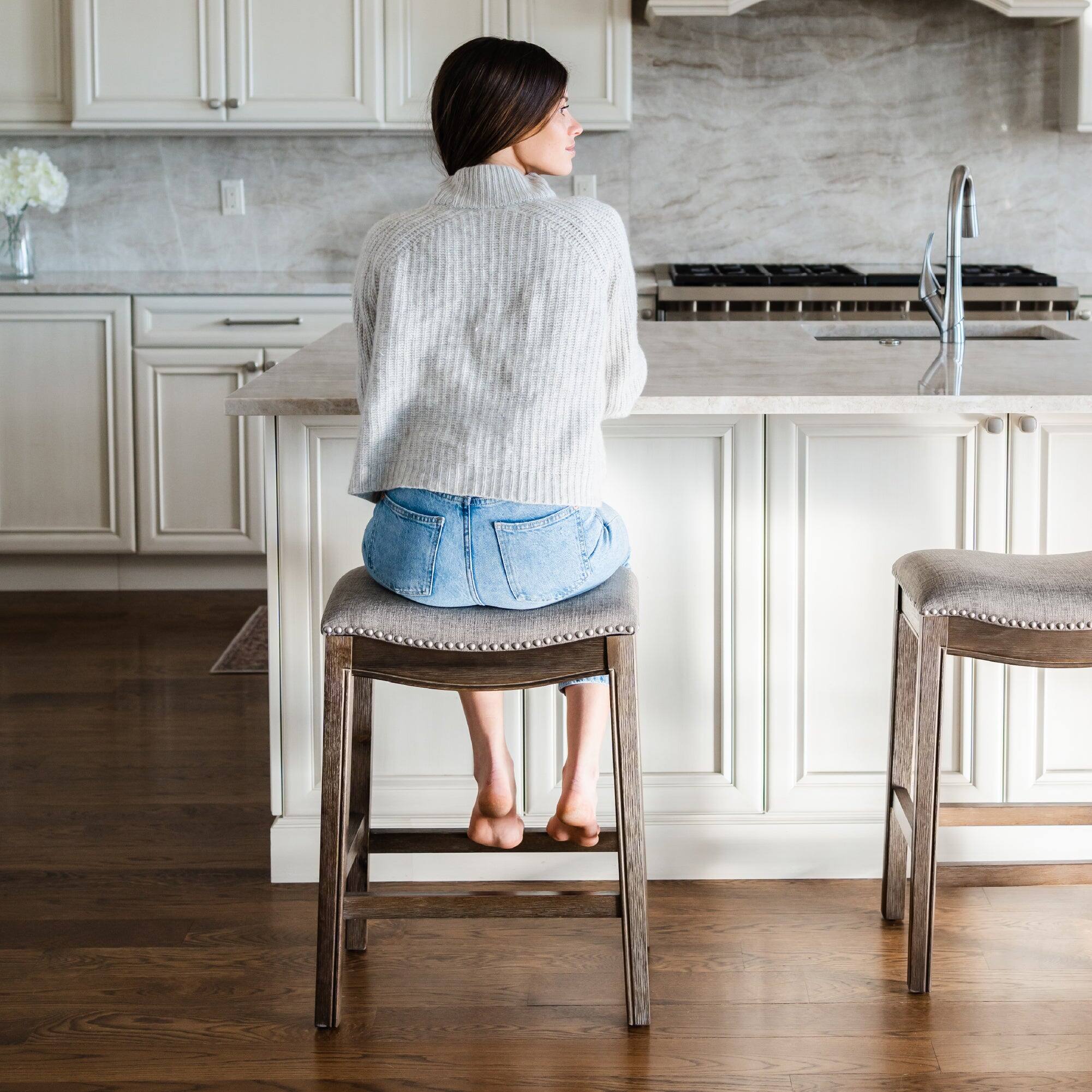 Left. Maven Lane - 26" Adrien Backless Saddle Counter Stool in Walnut Finish with Fabric Upholstery - Walnut.