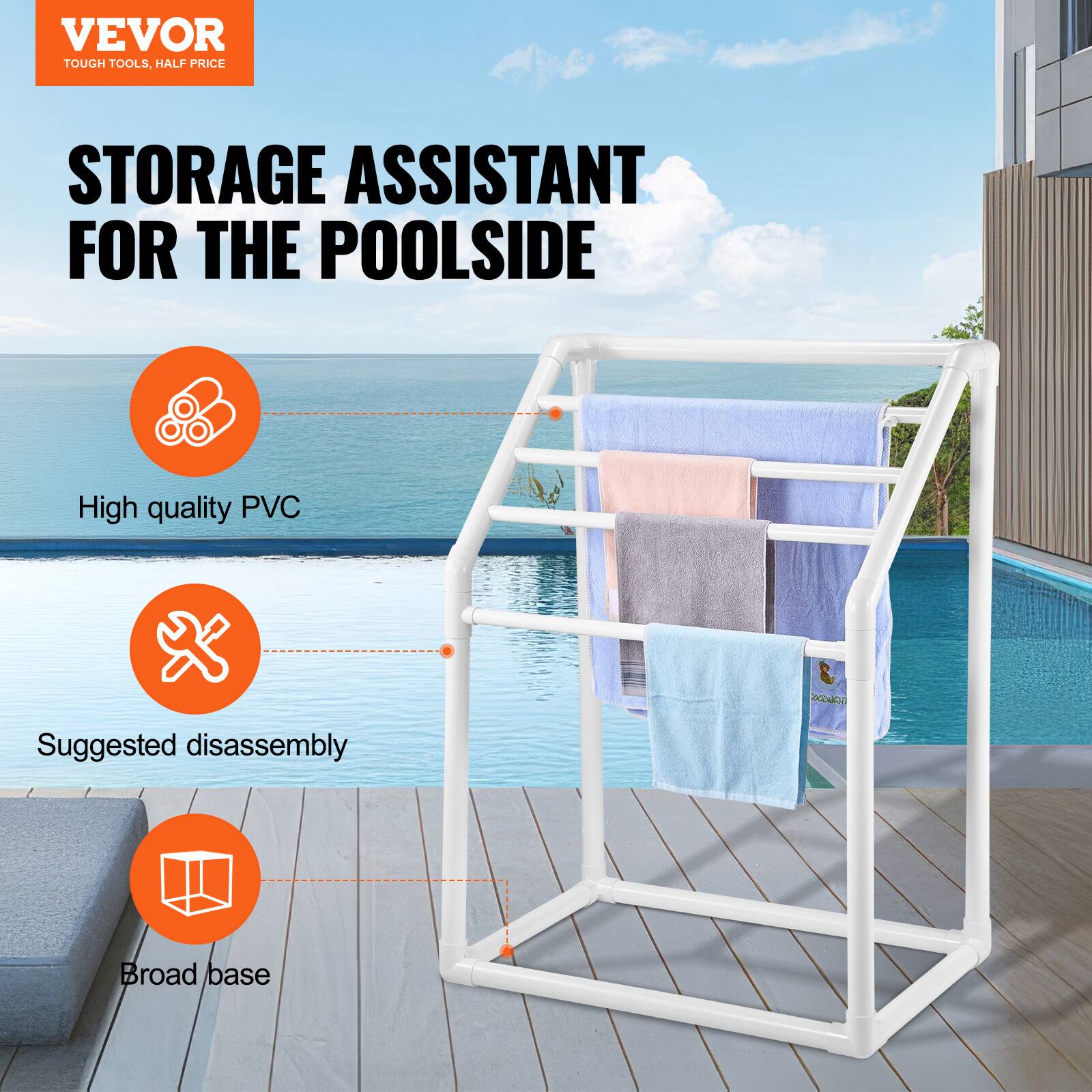 VEVOR TOUGH TOOLS. HALF PRICE STORAGE ASSISTANT FOR THE POOLSIDE. High quality PVC. Suggested disassembly. Broad base.