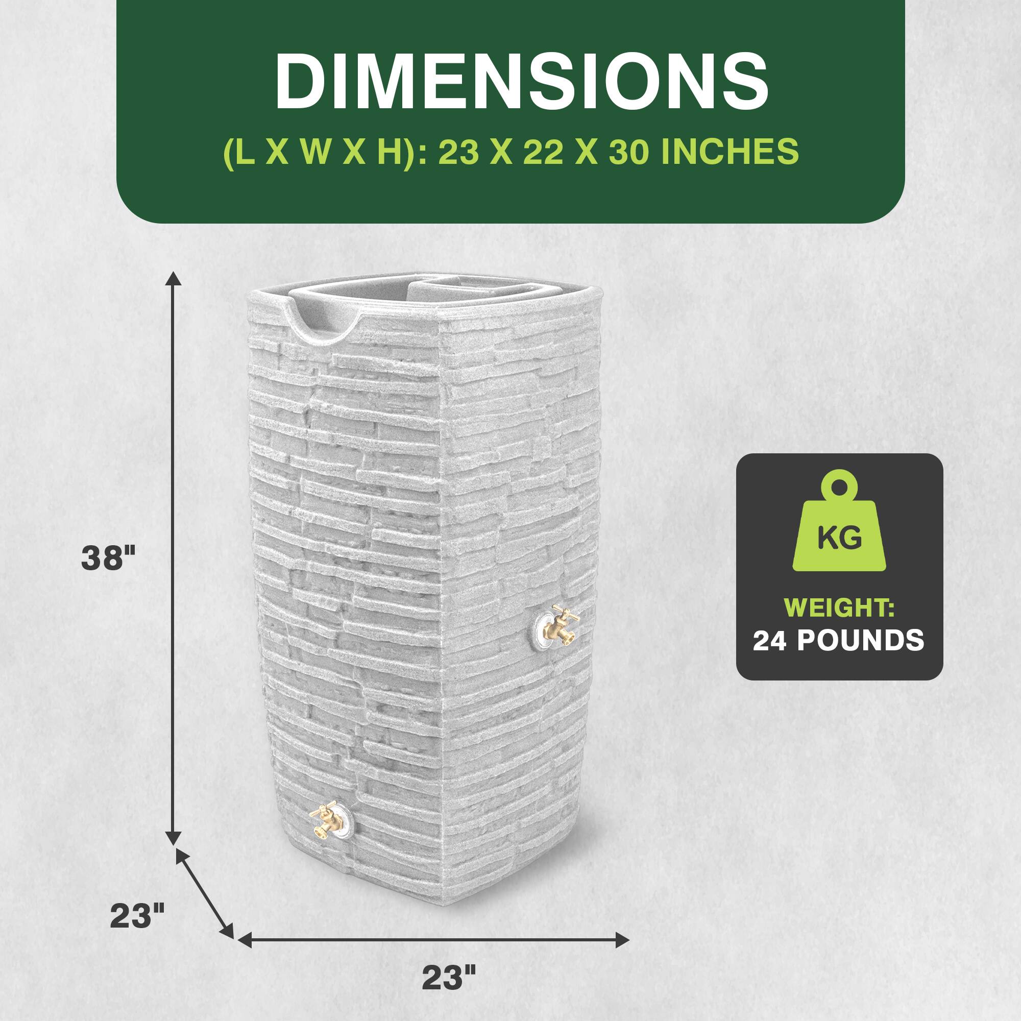 DIMENSIONS (LXWXH): 23 X 22 X 30 INCHES  
38"  
WEIGHT: 24 POUNDS  
23"  
23"