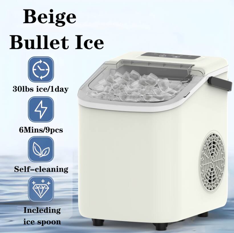 Beige Bullet Ice  
30lbs ice/1day  
6Mins/9pcs  
Self-cleaning  
Including ice spoon