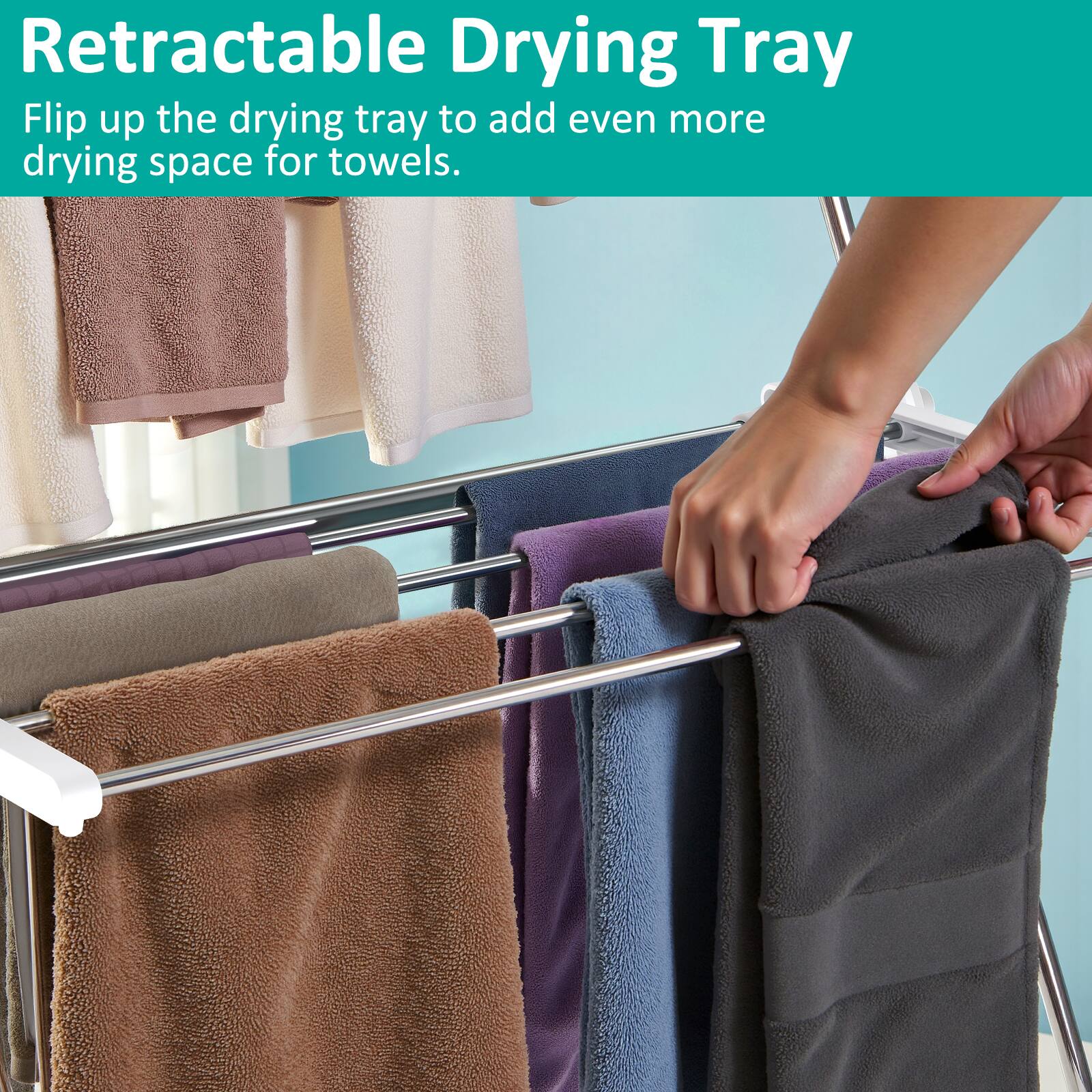 Retractable Drying Tray

Flip up the drying tray to add even more drying space for towels.
