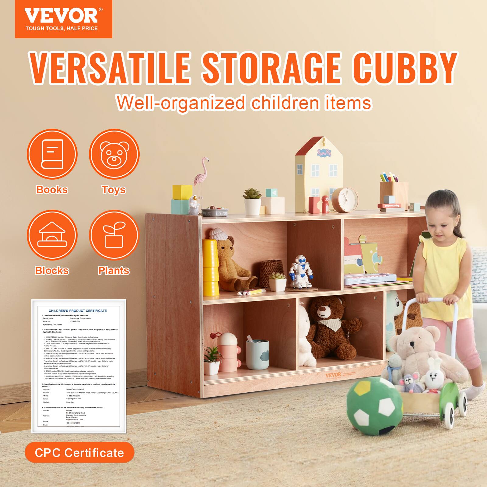 VEVOR TOUGH TOOLS, HALF PRICE VERSATILE STORAGE CUBBY Well-organized children items Books Toys - Blocks Plants CPC Certificate