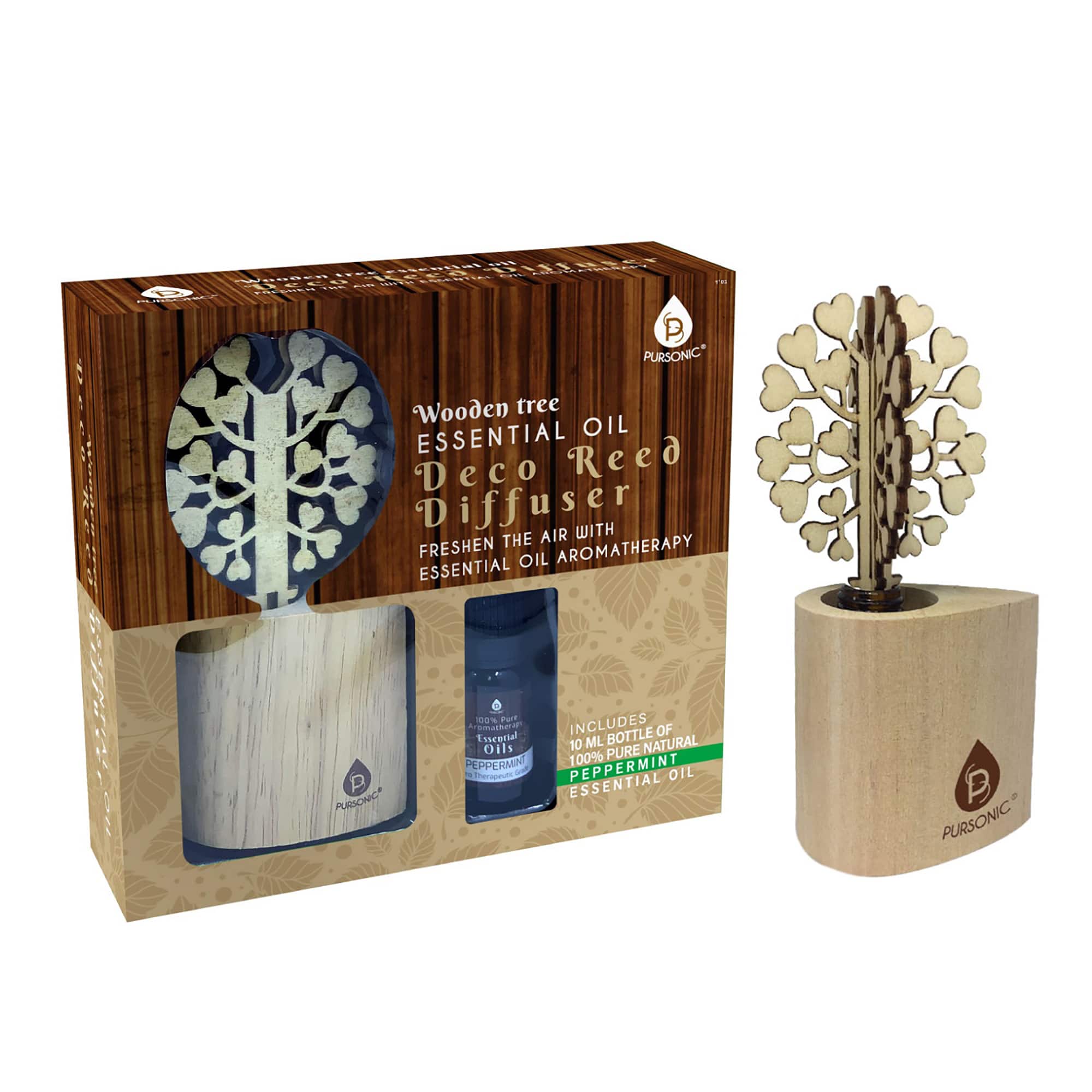 Pursonic - 3D Wooden Tree Reed Diffuser with Peppermint Essential Oil - Beige