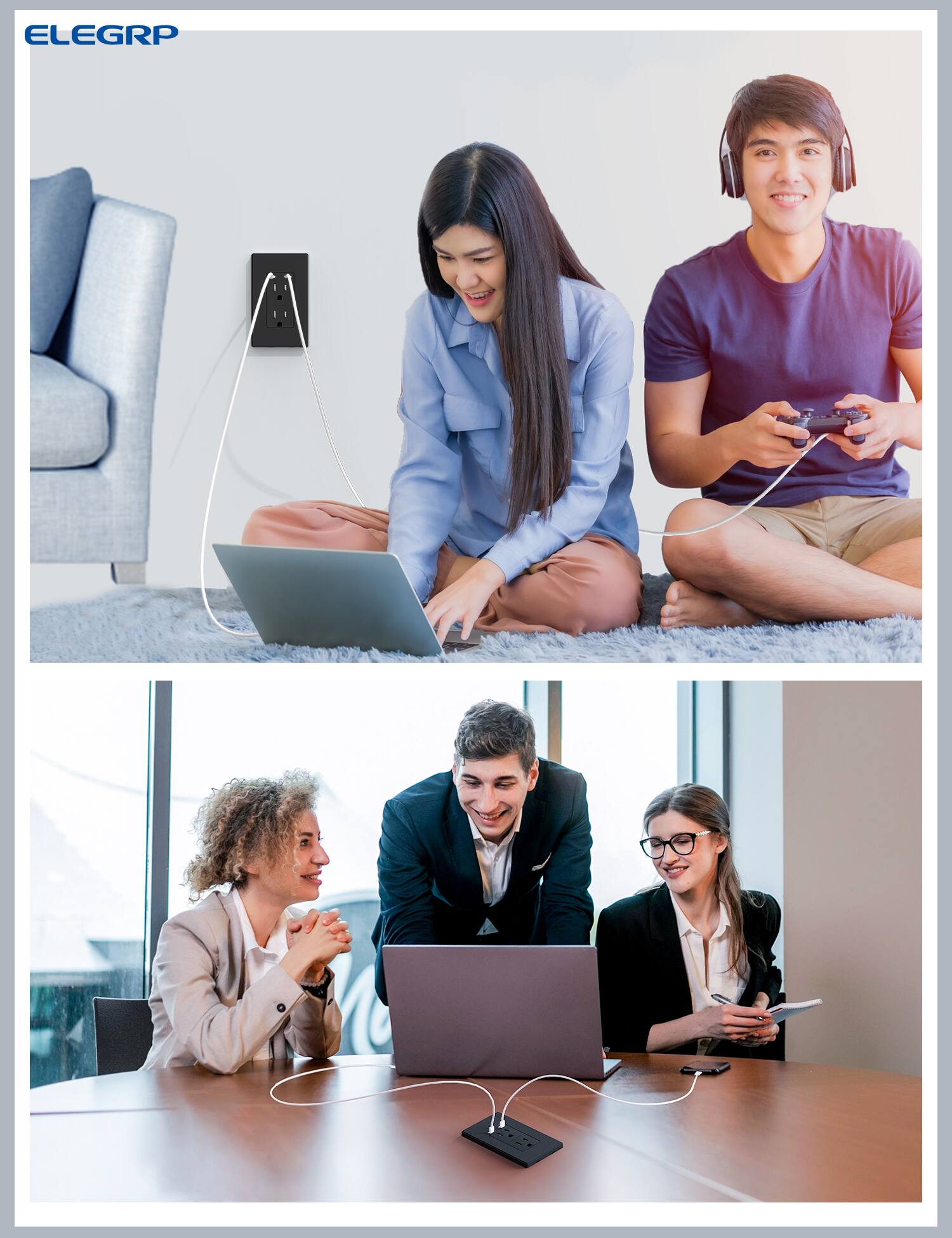 Alt View 6. ELEGRP - ELEGRP USB Outlets Receptacles, 65W Dual USB C Wall Outlet, 15A Tamper Resistant with Wall Plate, UL Listed,Black,1Pack - White.