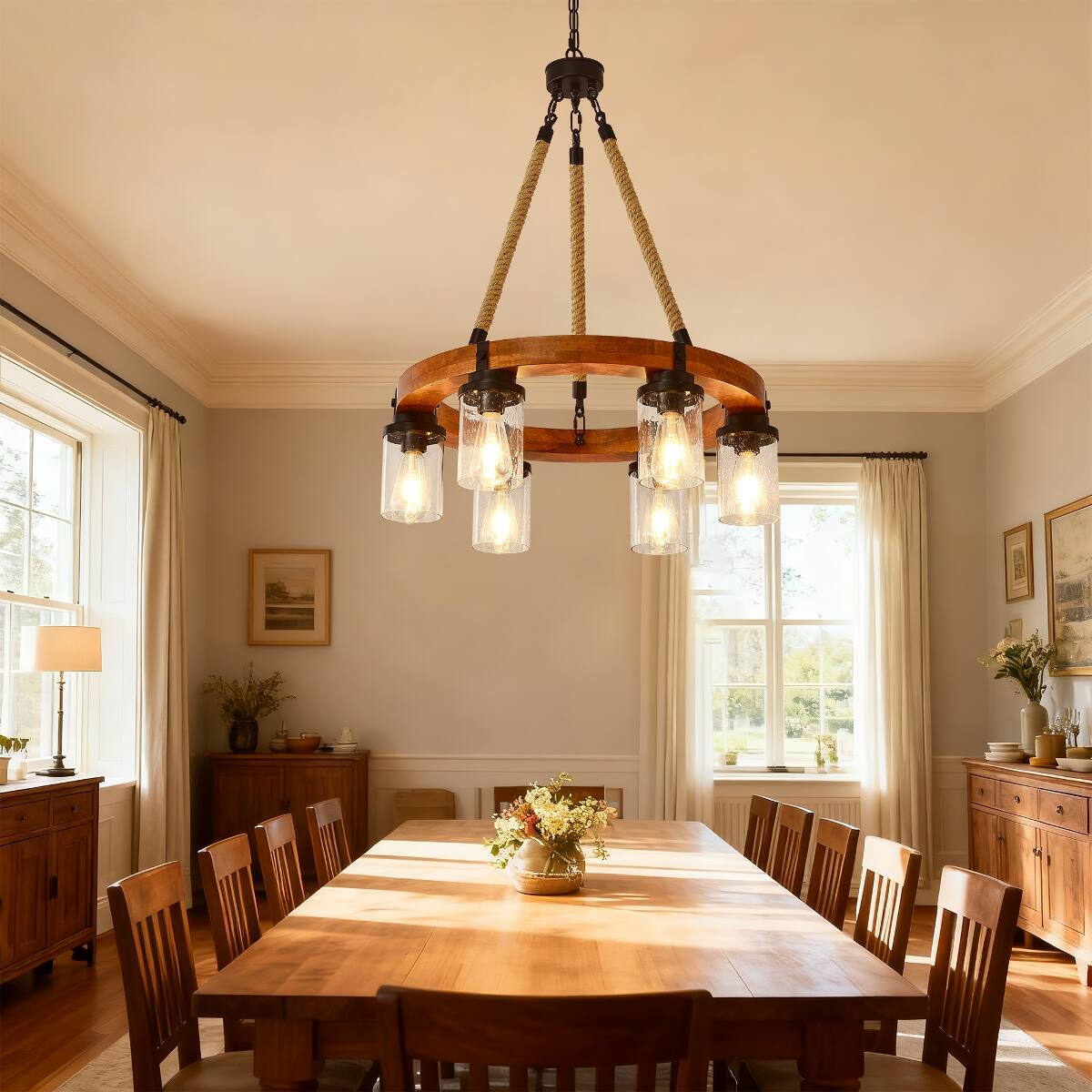 Loheer Rustic Wagon Wheel Chandelier, Six Light Wood and Metal Pendant ...