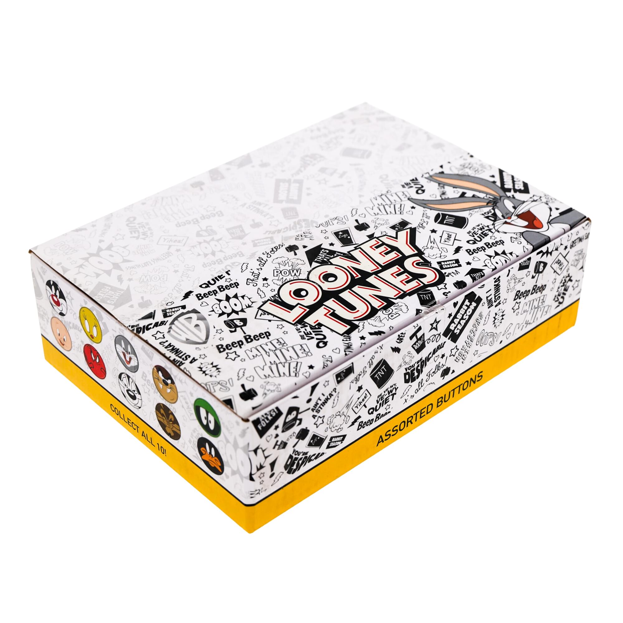 Sure, here is the corrected and grouped text from the image:

**Top of the Box:**
- LOONEY TUNES
- ASSORTED BUTTONS

**Sides of the Box:**
- COLLECT ALL 10
- ASSORTED BUTTONS

**Text on the Buttons:**
- QUIET BeepBeep
- POW
- TNT
- CONE
- STINKA
- MINE!
- DESP
- BUTTONS
- COLLECT
- FOLKS!
- ASSORTED
- ALL 10

**Additional Text:**
- Beep
- BeepBeep
- QUIET
- POW
- TNT
- CONE
- STINKA
- MINE!
- DESP
- BUTTONS
- COLLECT
- FOLKS!
- ASSORTED
- ALL 10

**Characters and Icons:**
- Various Looney Tunes characters and related icons (e.g., Bugs Bunny, Daffy Duck, etc.)

This text is scattered across the box and buttons, with some repetition.