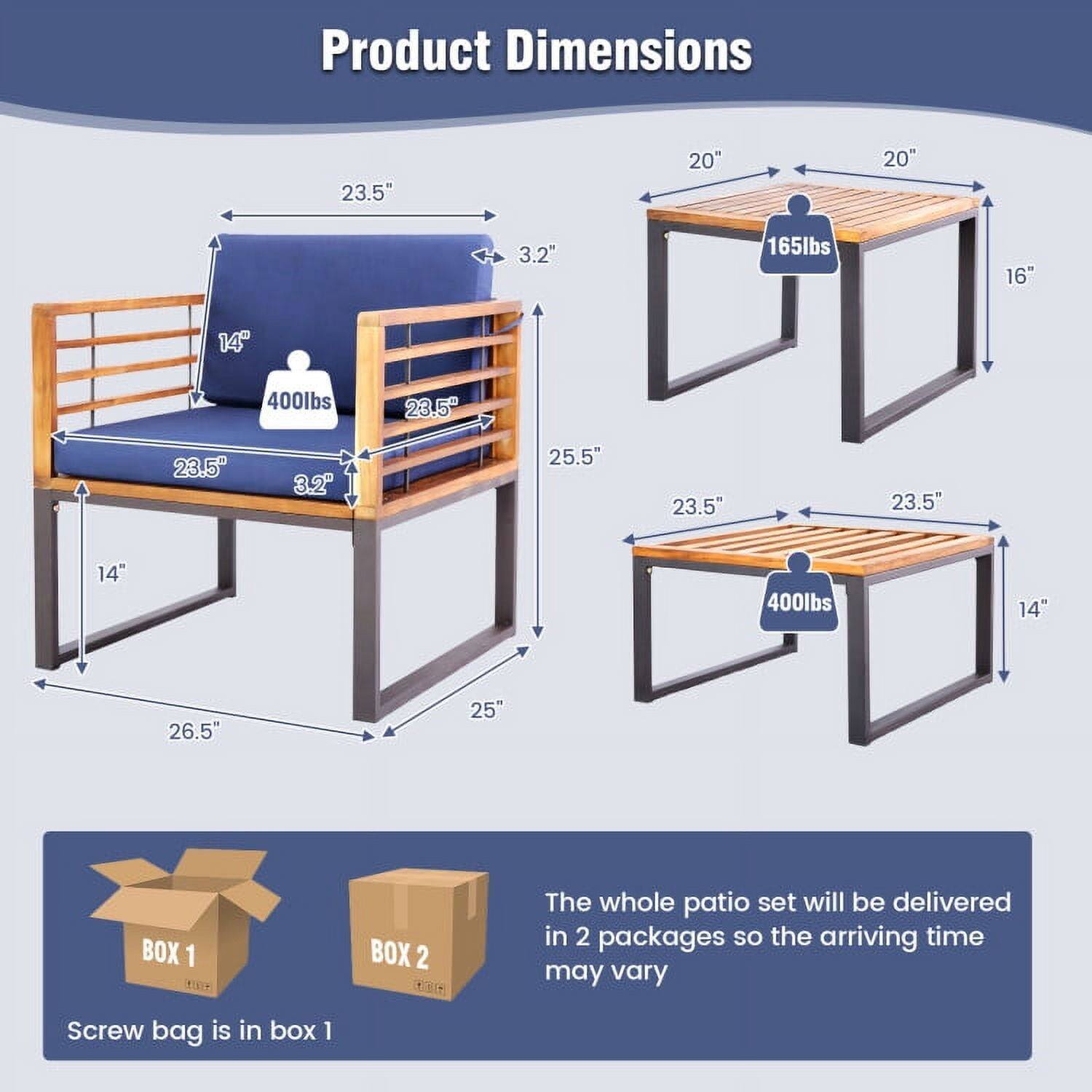 Product Dimensions:  
- 23.5" x 20" x 20" x 3.2" (165lbs)  
- 23.5" x 23.5" x 3.2" x 25.5" x 23.5" x 23.5" x 14" (400lbs)  
- 23.5" x 23.5" x 3.2" x 25.5" x 23.5" x 23.5" x 14" (400lbs)  

BOX 1  
BOX 2  

The whole patio set will be delivered in 2 packages so the arriving time may vary.  
Screw bag is in box 1