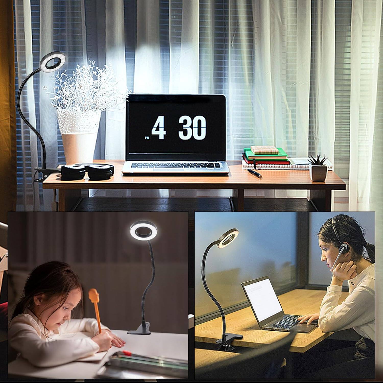Alt View 3. Stamp n Camp - Desk Clip on Lamp for Reading Home Office 10 Dimmable Brightness 3 Modes Clamp Light for Bed Headboard - Black(new).