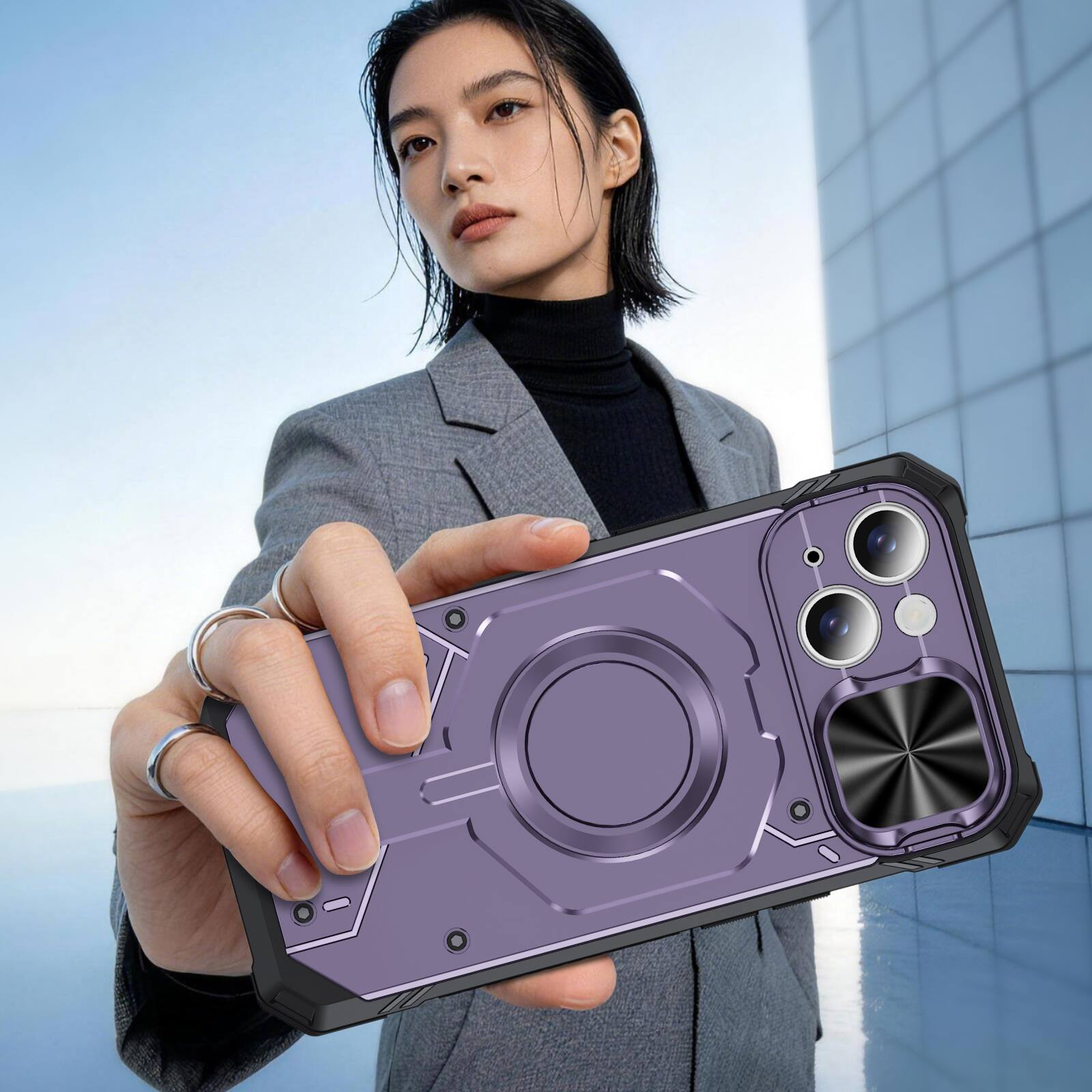 Alt View 2. Dteck - Rugged Shockproof Magnetic Hybrid Protective Case for Apple iPhone 15 with Slide Camera Cover, Side Anti-Slip Texture - Lightpurple.