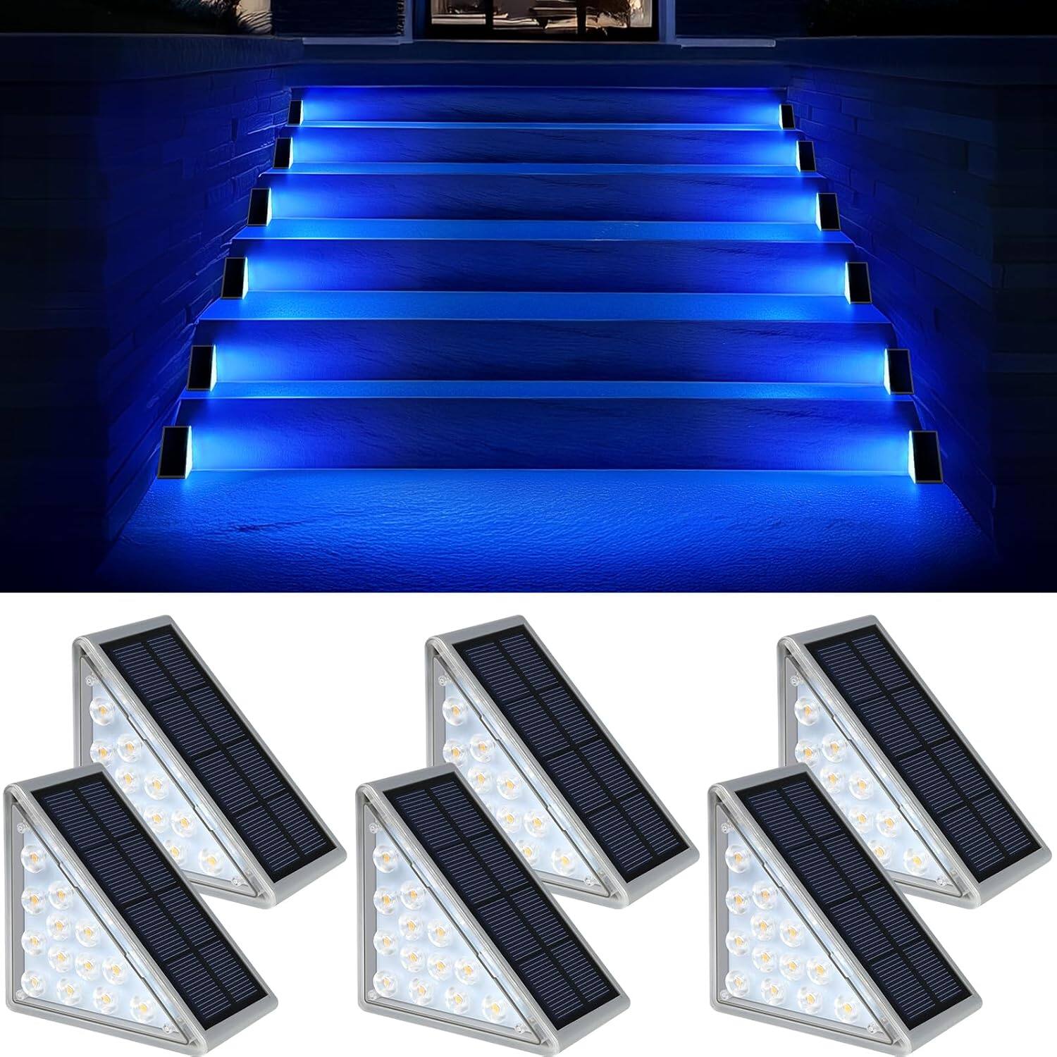 Front. MOSZAR LLC - Six-pack Solar Stair Lights, Waterproof IP67 Outdoor Step Lights - BLUE.