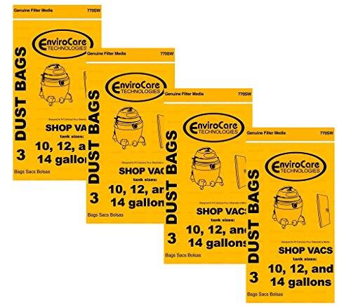Sure, here is the corrected and grouped text:

---

**EnviroCore TECHNOLOGIES Genuine Filter Media**

- **DUST SHOP VAC BAGS**
  - 10, 12, and 14 gallon
  - 3 Bags Sacs Bolsas

- **DUST SHOP VAC BAGS**
  - 10, 12, and 14 gallon
  - 3 Bags Sacs Bolsas

- **DUST SHOP VAC BAGS**
  - 10, 12, and 14 gallon
  - 3 Bags Sacs Bolsas

---

This text is consistent across the image, with slight variations in the arrangement but the same information.