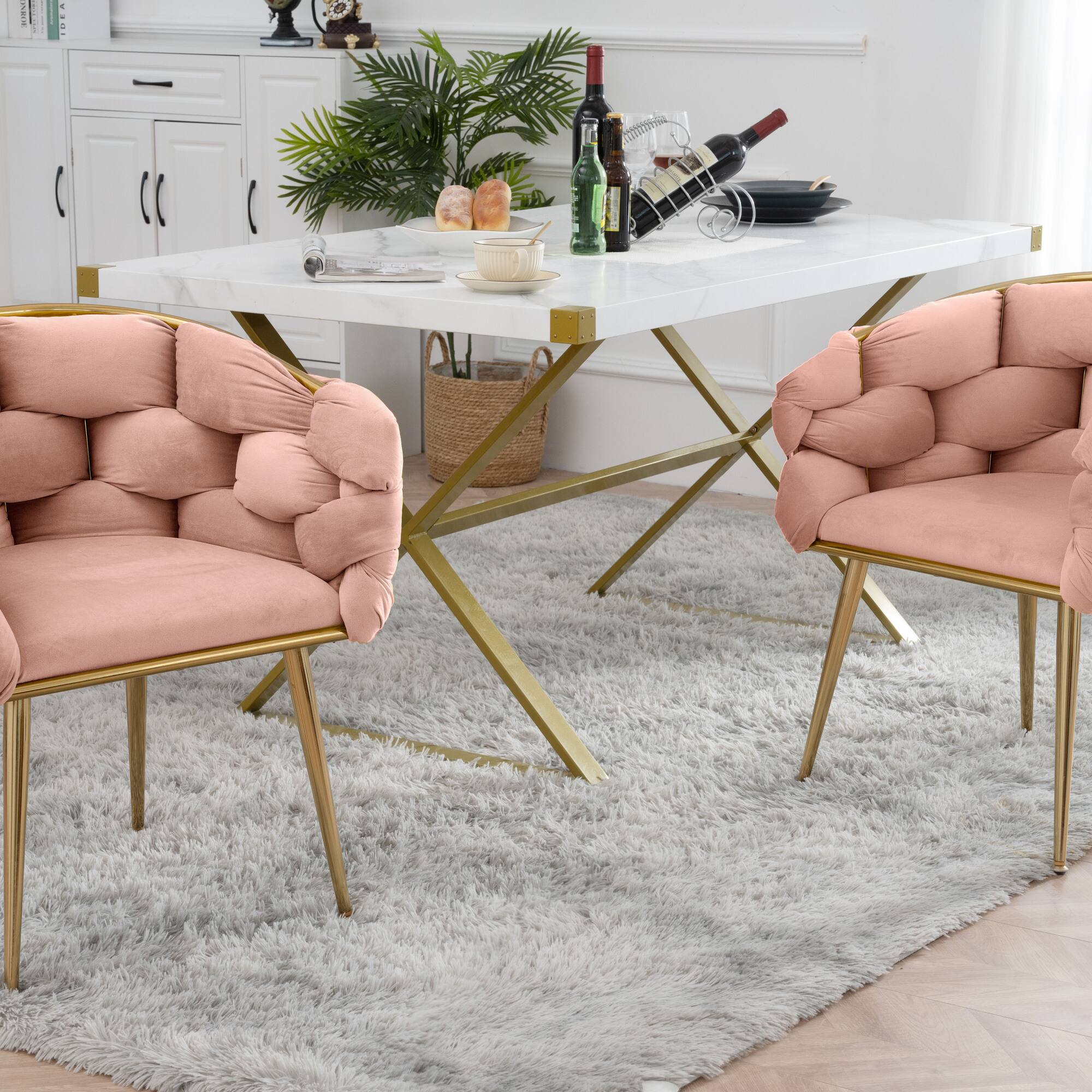 Angle. GOODSILO - Modern Velvet Accent Chair Set of 2 for Living Room and Bedroom, Upholstered Lazy Sofa with Sturdy Metal Legs - Pink.