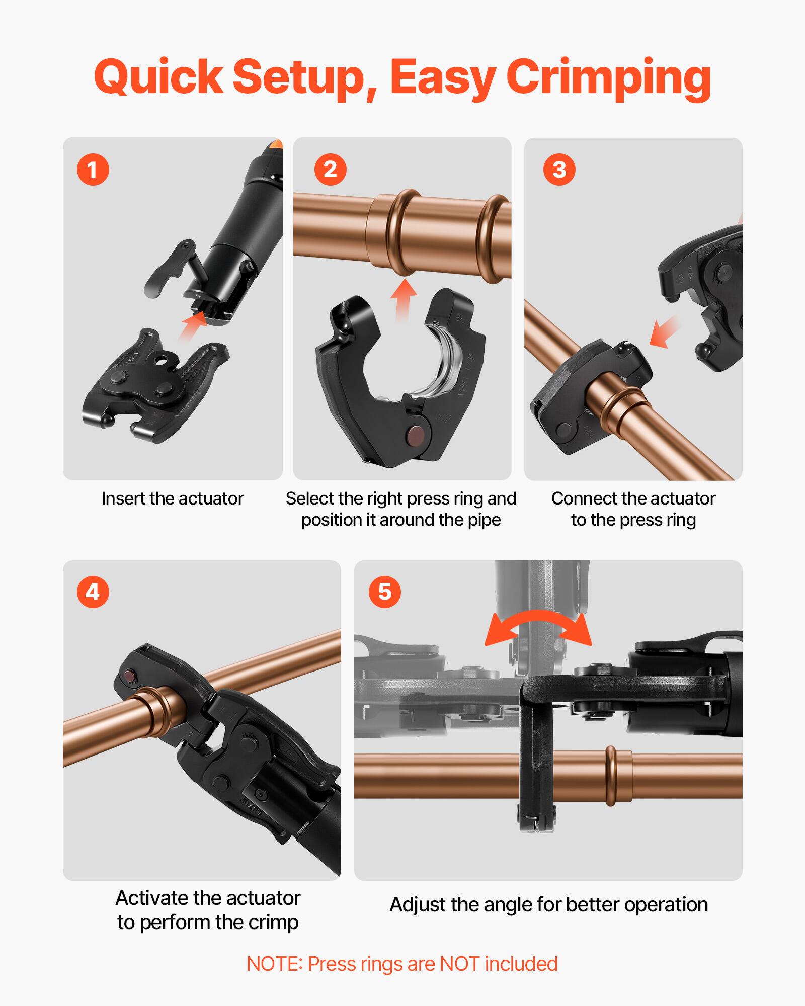 Quick Setup, Easy Crimping

1. Insert the actuator
2. Select the right press ring and position it around the pipe
3. Connect the actuator to the press ring
4. Activate the actuator to perform the crimp
5. Adjust the angle for better operation

NOTE: Press rings are NOT included