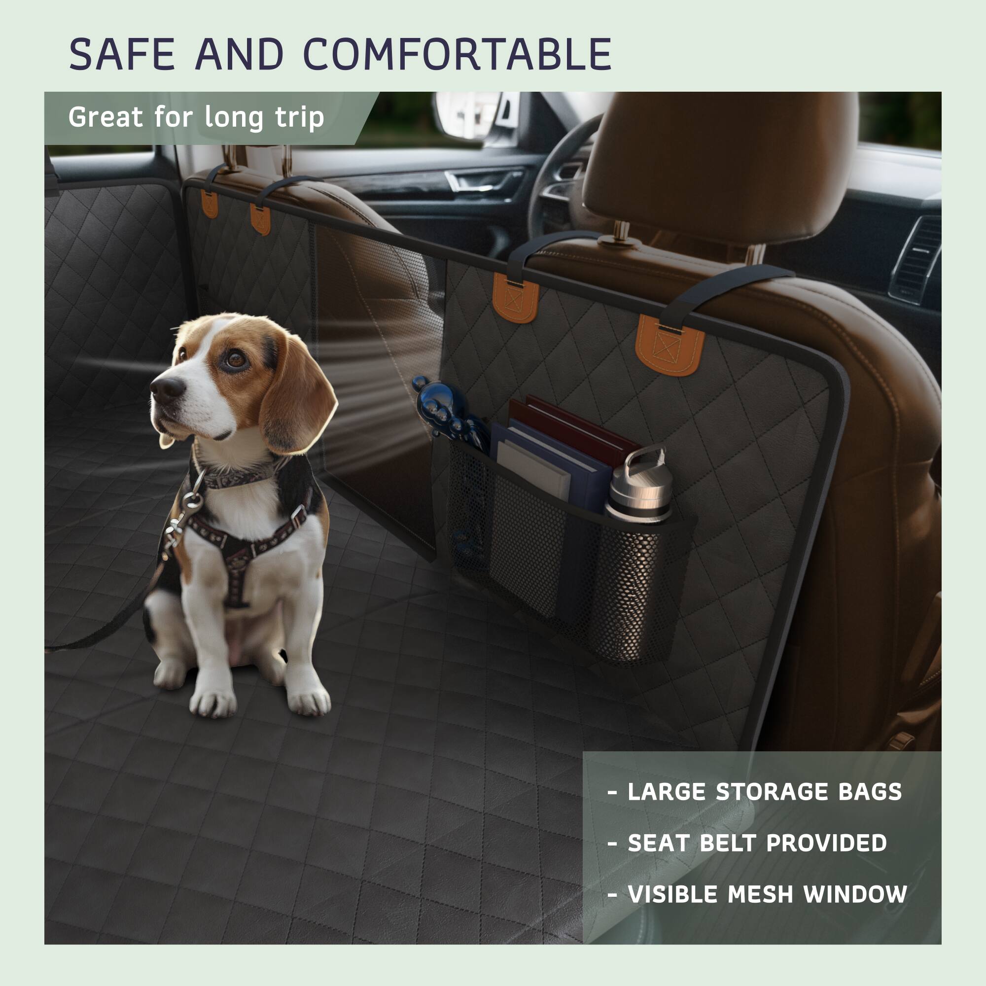 SAFE AND COMFORTABLE  
Great for long trip  

- LARGE STORAGE BAGS  
- SEAT BELT PROVIDED  
- VISIBLE MESH WINDOW