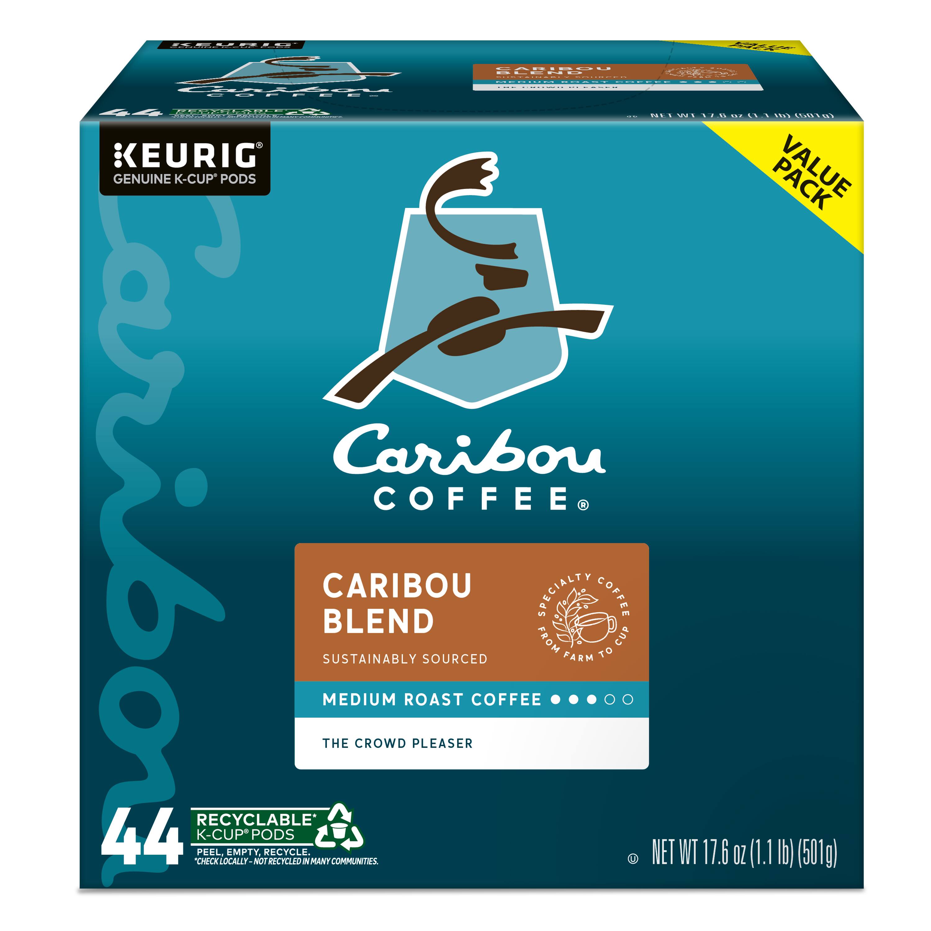 Caribou Coffee Caribou Blend Medium Roast Coffee 44 Recyclable K-Cup* Peel. Empty Pods Recycle. The Crowd Pleaser. Sourced Coffee. Specialty Coffee from Farm to Cup. Net Wt 17.6 Oz (1.1 b) (501g). Check Locally - Not Recycled.