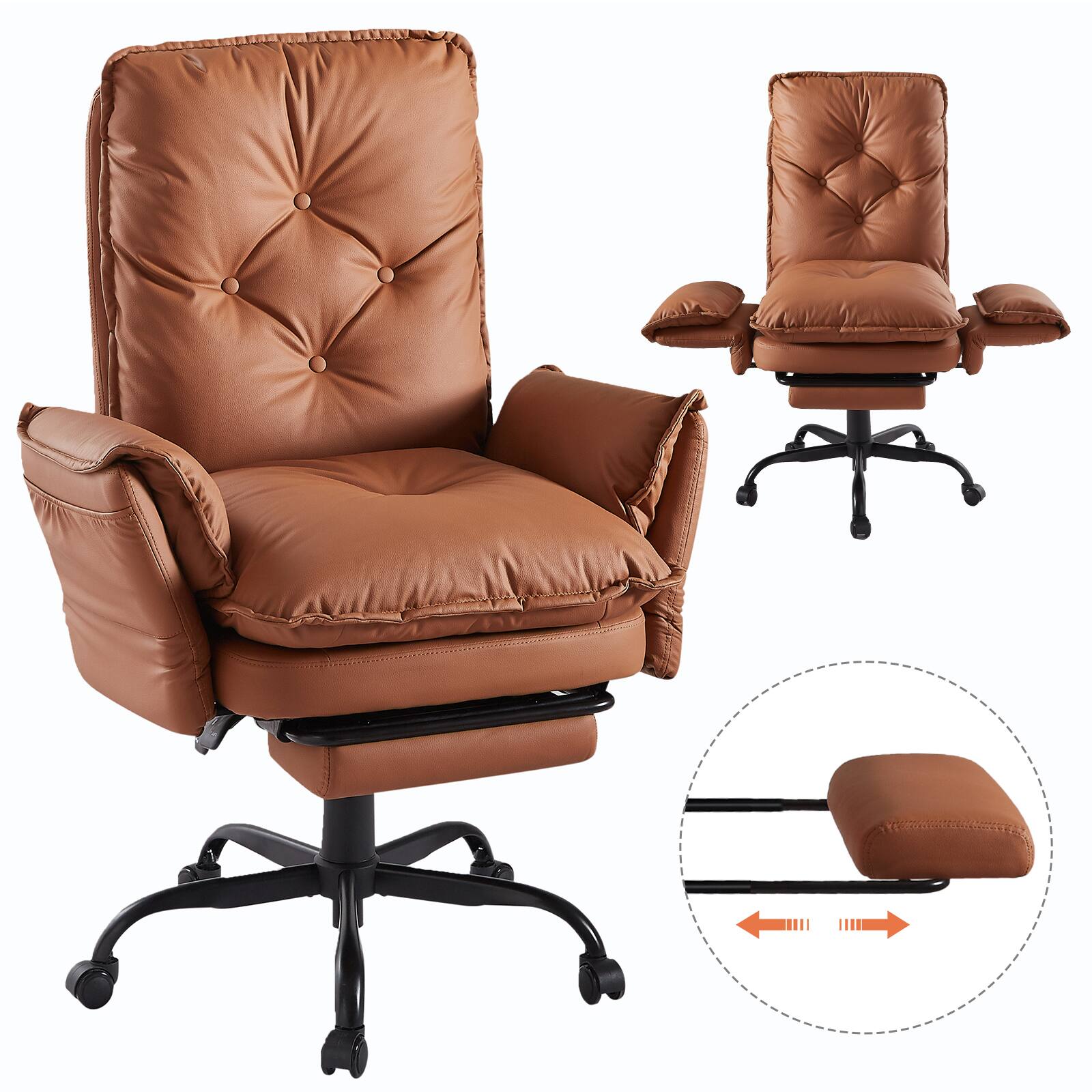 Alt View 2. Bestier - Cross Legged Executive Office Chair, Velvet Ergonomic Desk Chair with Flip-Up Arms, Retractable Footrest & Side Pockets - Light Brown PU Leather.