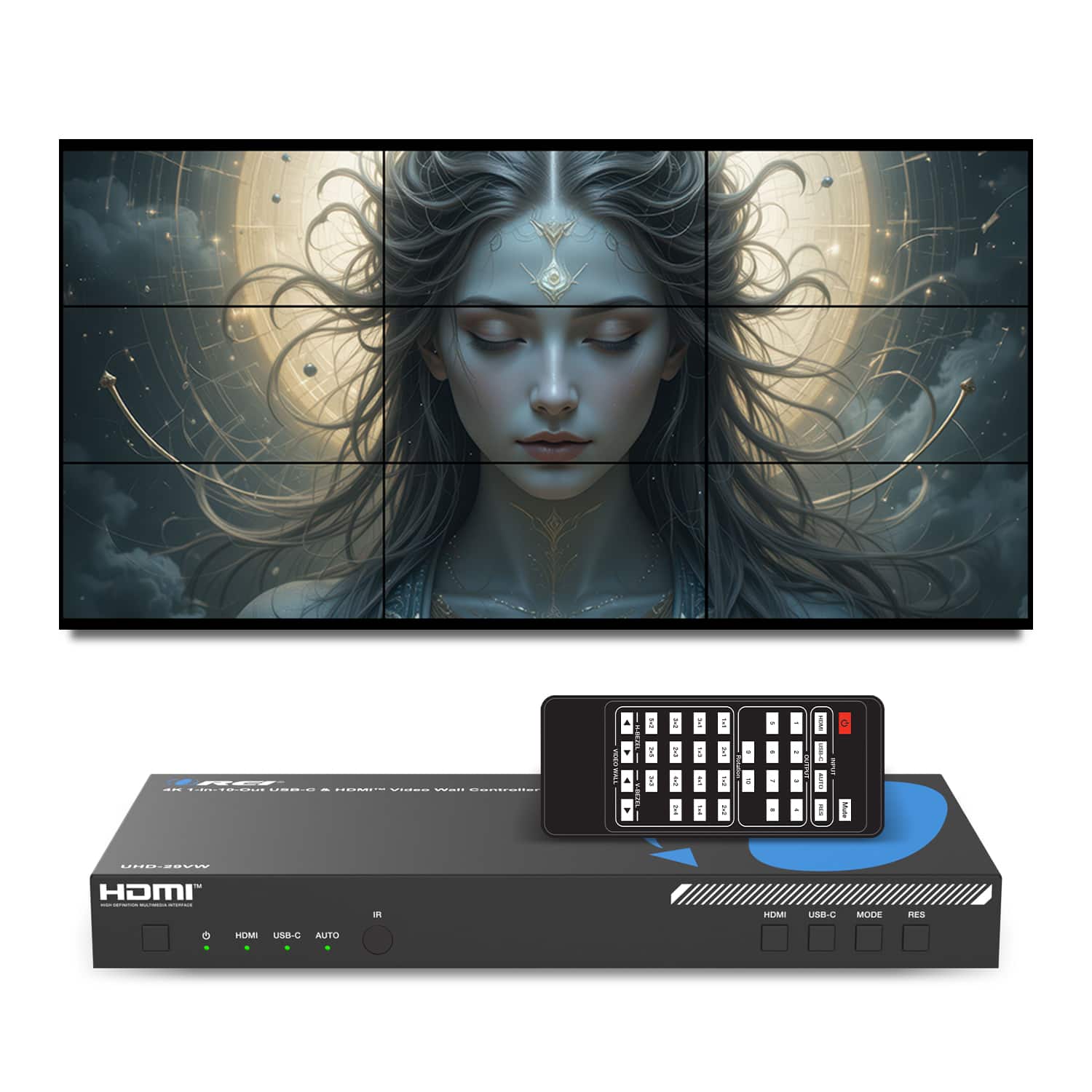 Orei - 4K 1-In-10-Out USB-C & HDMI Video Wall Controller (Audio Extract)-UHD-29VW - Black