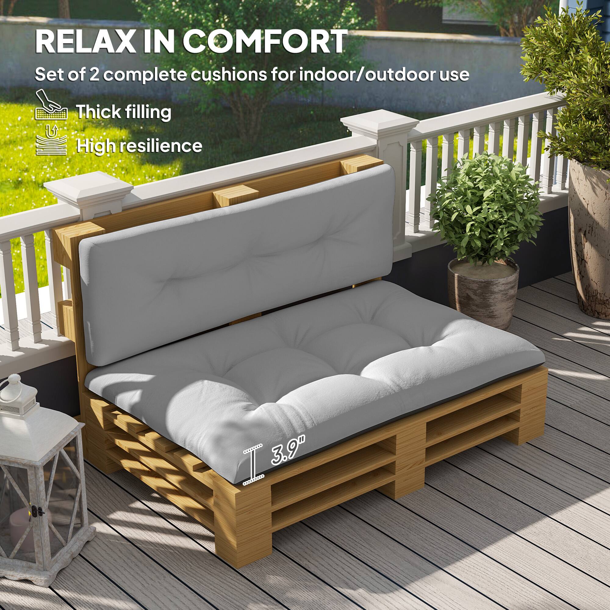 RELAX IN COMFORT
Set of 2 complete cushions for indoor/outdoor use
Thick filling
High resilience
3.9"