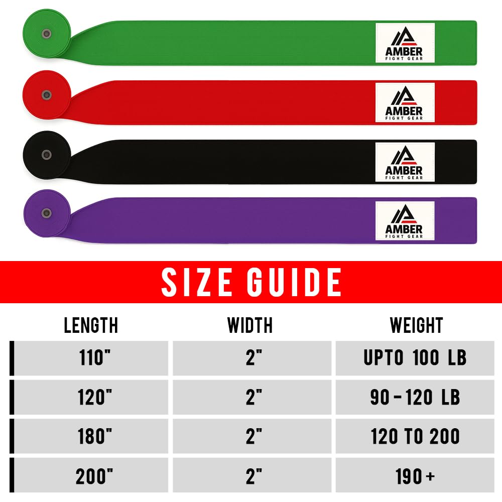 AMBER FIGHT GEAR  
AMBER FIGHT GEAR  
AMBER FIGHT GEAR  
AMBER FIGHT GEAR  

LENGTH | WIDTH | WEIGHT  
110" | 2" | UPTO 100 LB  
120" | 2" | 90 - 120 LB  
180" | 2" | 120 TO 200  
200" | 2" | 190+