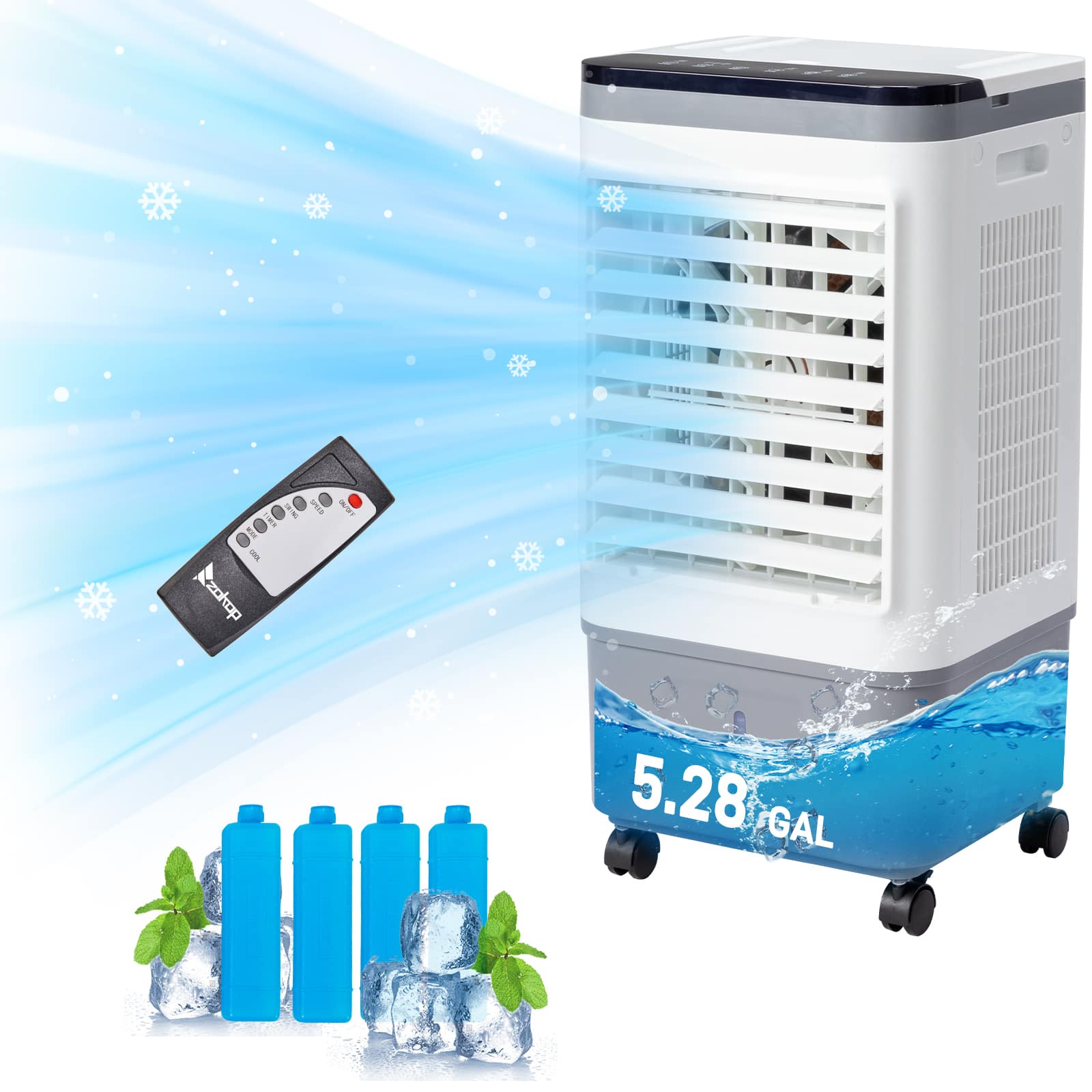 Winado - 5.2Gal Portable Swamp Cooler, 20L Evaporative Air Cooler, 3-IN-1 Cooling Fan with Remote Control, 12H Timer & 4 Ice Box - White