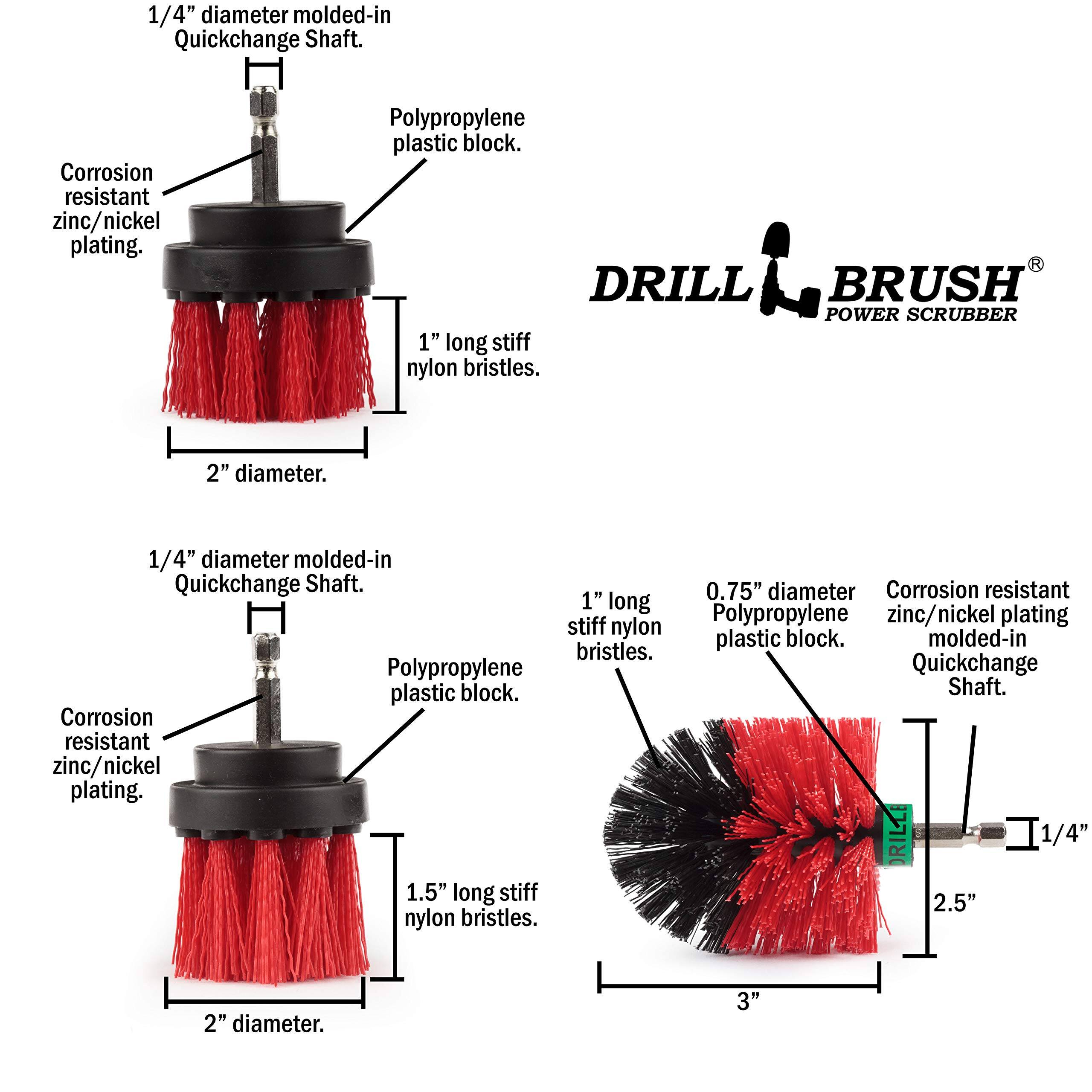 1/4" diameter molded-in Quickchange Shaft. Corrosion resistant zinc/nickel plating. Polypropylene plastic block. DRILL BRUSH POWER SCRUBBER 1" long stiff nylon bristles. 2" diameter. 1/4" diameter molded-in Quickchange Shaft. 0.75" diameter Polypropylene plastic block. 1" long stiff nylon bristles. Corrosion resistant zinc/nickel plating. 1.5" long stiff nylon bristles. 2" diameter. 3"
