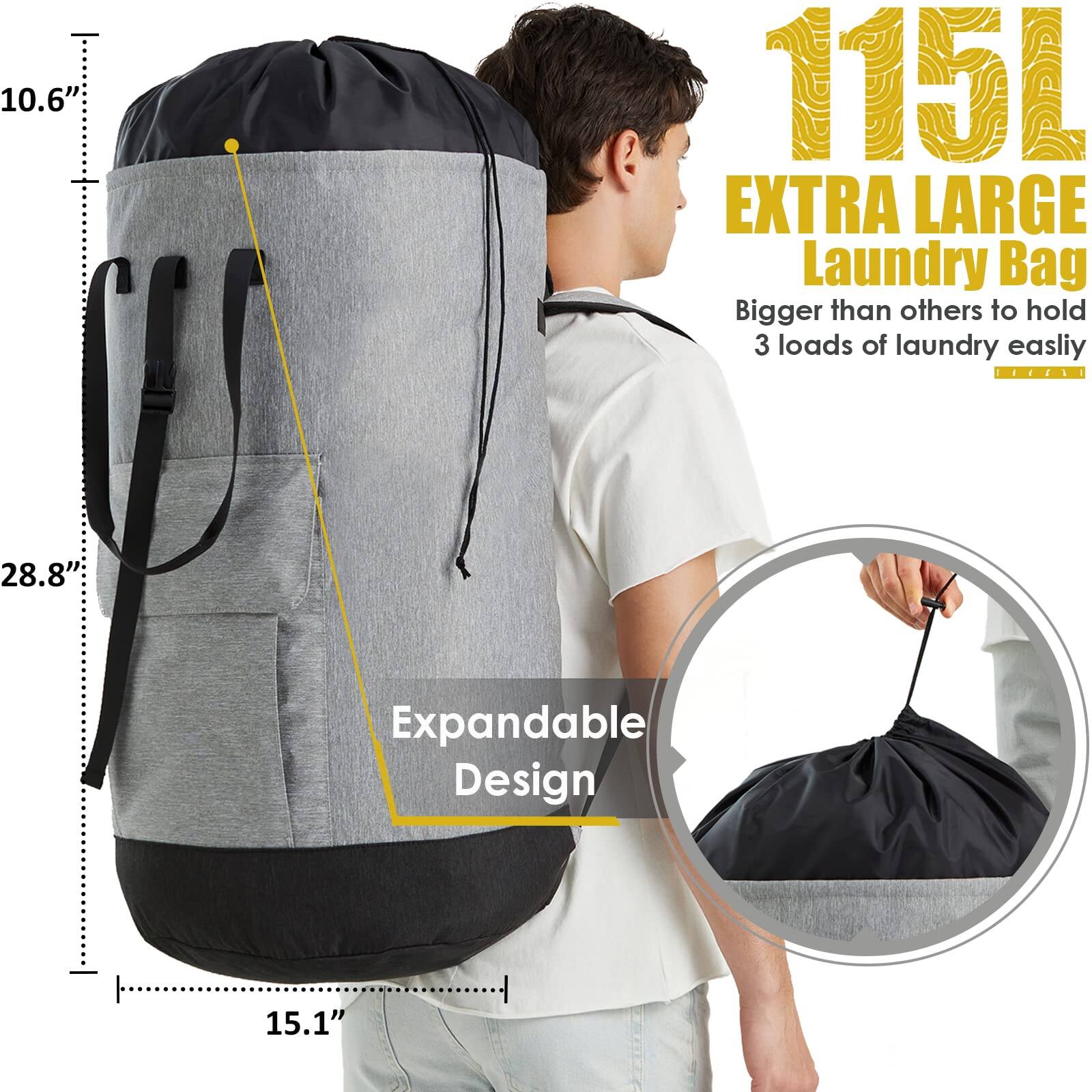 115L EXTRA LARGE Laundry Bag  
Bigger than others to hold 3 loads of laundry easily  

Expandable Design  

10.6"  
28.8"  
15.1"