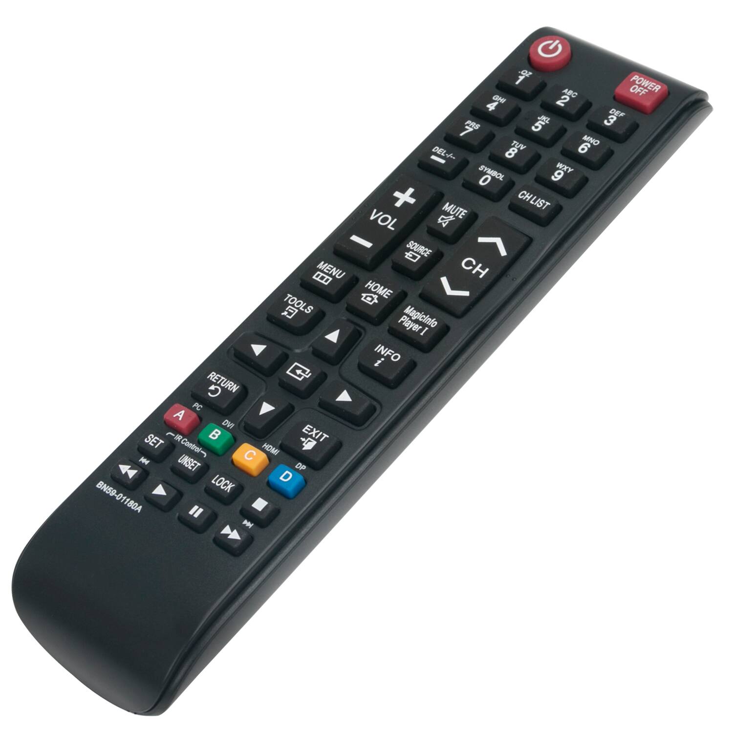 POWER OFF 1 2 3 4 5 6 7 8 9 0 DEL SYMBOL WXY MUTE CHLIST VOL SOURCE MENU CH HOME TOOLS Player Magicinio INFO RETURN PC A B C D EXIT Control HDMI UNSET LOCK DP BN59-0180A