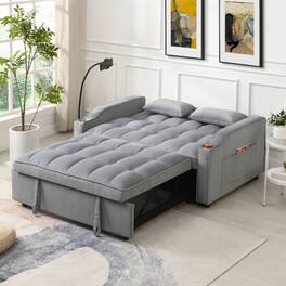 GOODSILO - Convertible Velvet Sofa Bed with Adjustable Backrest, USB Ports, and Storage Pockets for Compact Living Spaces - Light Gray