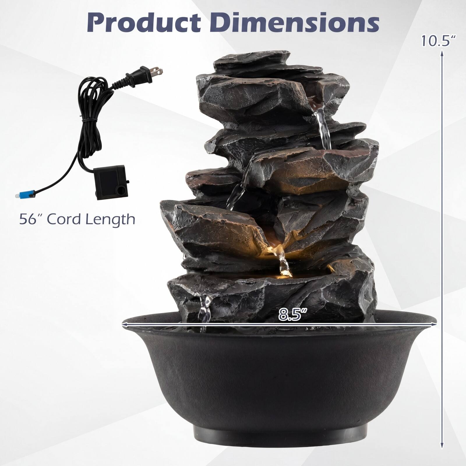 Product Dimensions:  
- 10.5"  
- 8.5"  
- 56" Cord Length