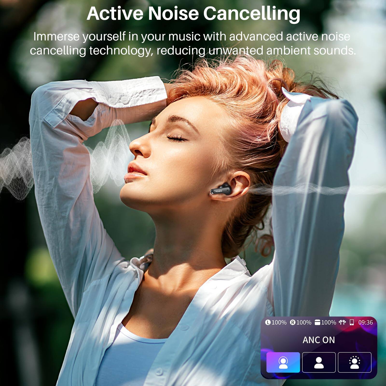 Active Noise Cancelling Immerse yourself in your music with advanced active noise cancelling technology, reducing unwanted ambient sounds. L 100% R 100% 100% 4% 09:36 ANC ON