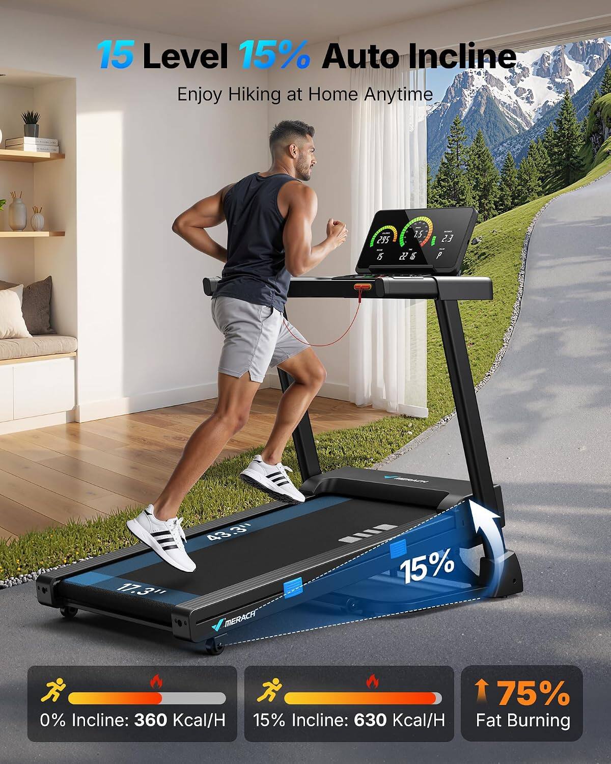 15 Level 15% Auto Incline  
Enjoy Hiking at Home Anytime  

25 295 15 22 $  
E2 P  
17.3"  
43 3" MERACHI  
IIII 15%  
0% Incline: 360 Kcal/H  
15% Incline: 630 Kcal/H  
75% Fat Burning