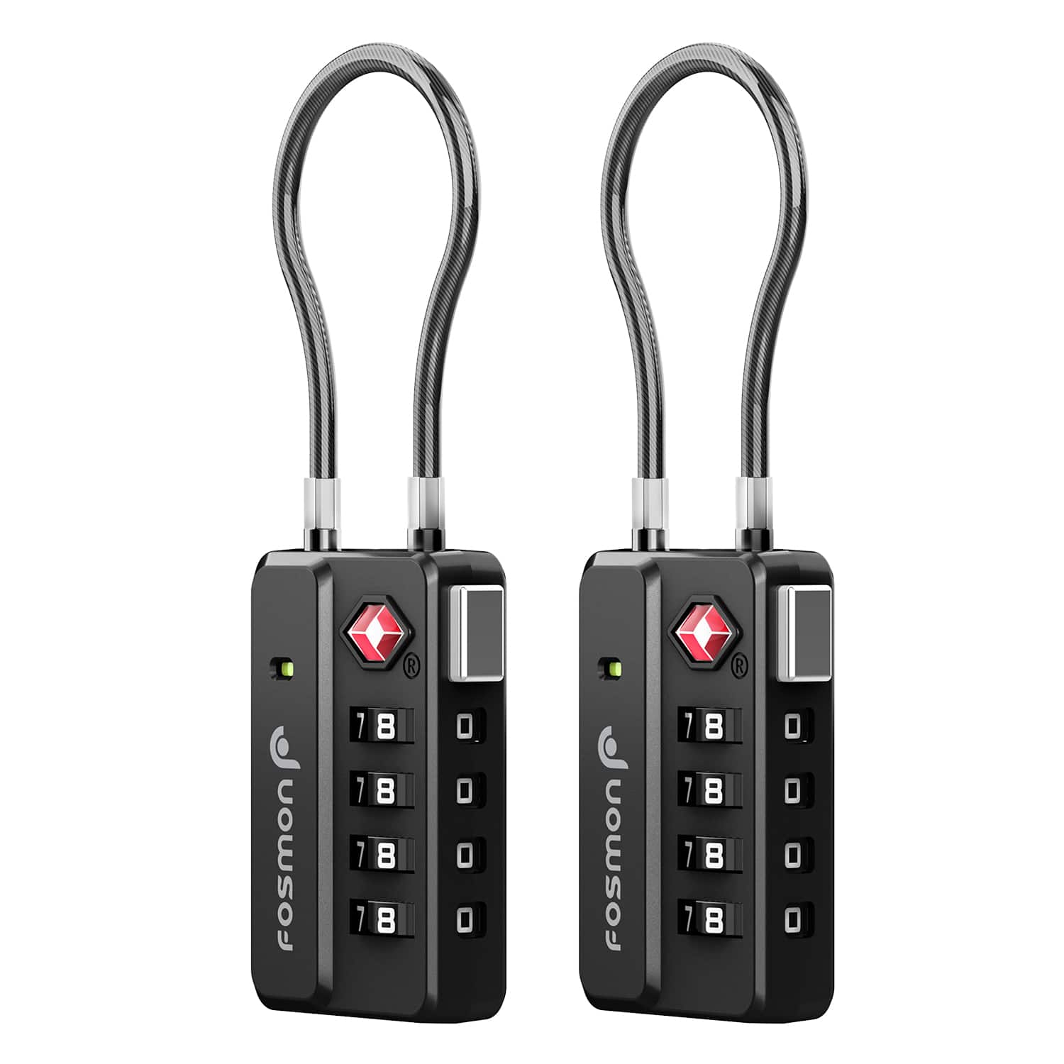 Fosmon - 2x TSA Locks for Luggage, TSA Approved Luggage Locks, 4 Digit Travel Luggage Locks TSA Approved, Metallic TSA Cable Lock - Black