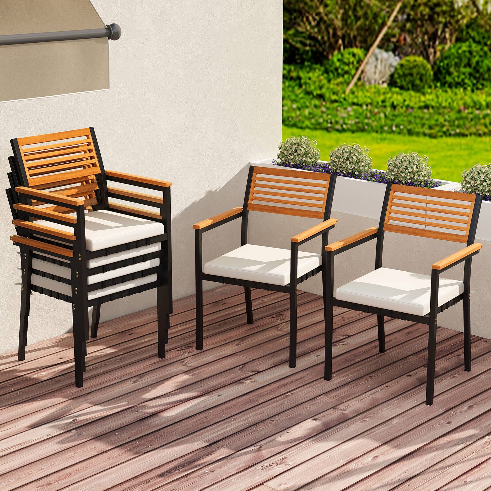 Alt View 8. Gymax - Gymax 7-Piece Patio Furniture Set Outdoor Dining Chair Set for 6 w/ Acacia Wood & Metal Frame - Natural, Black, Off White.