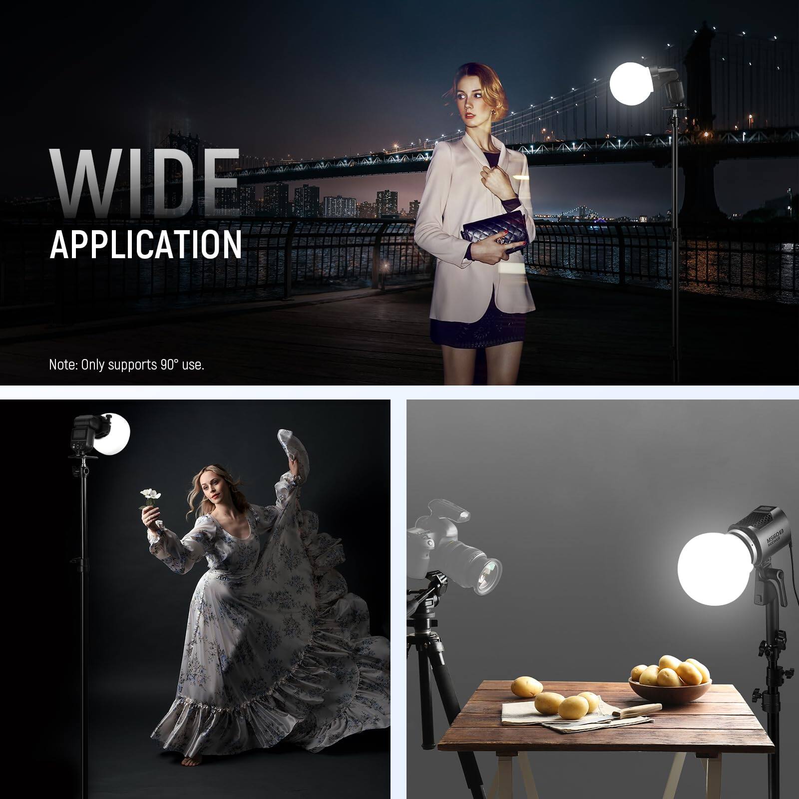 WIDE APPLICATION

Note: Only supports 90° use.