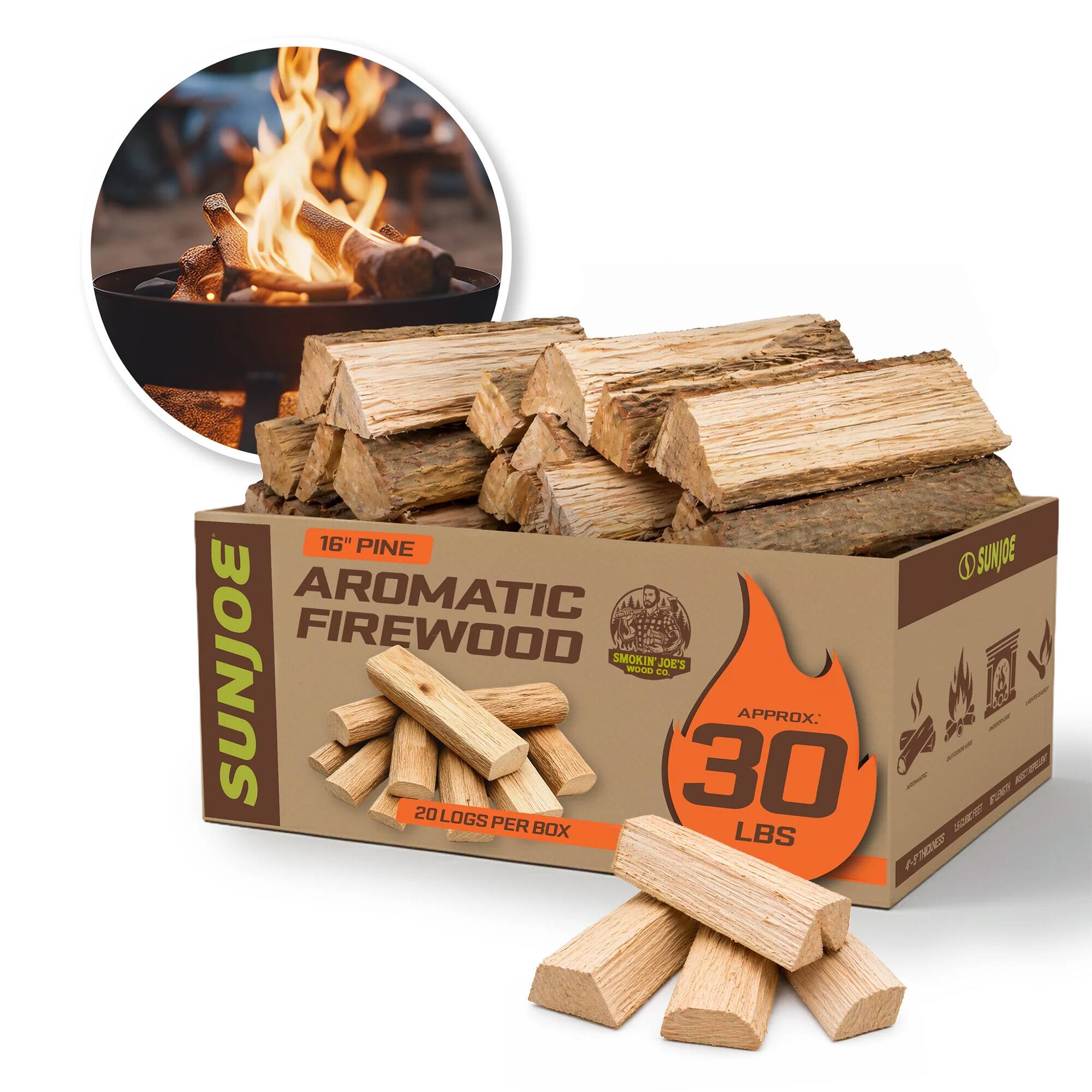 16" PINE AROMATIC FIREWOOD  
SMOKIN' JOE'S FIREWOOD CO.  
JOE'S APPROX. 30 LBS PER BOX  
20 LOGS PER BOX