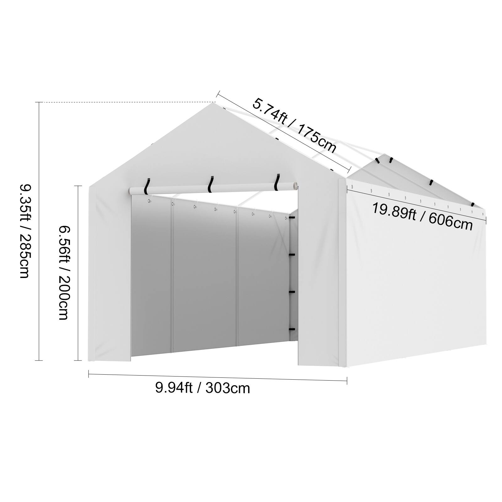 9.35ft / 285cm, 6.56ft / 200cm, 5.74ft / 175cm, 19.89ft / 606cm, 9.94ft / 303cm
