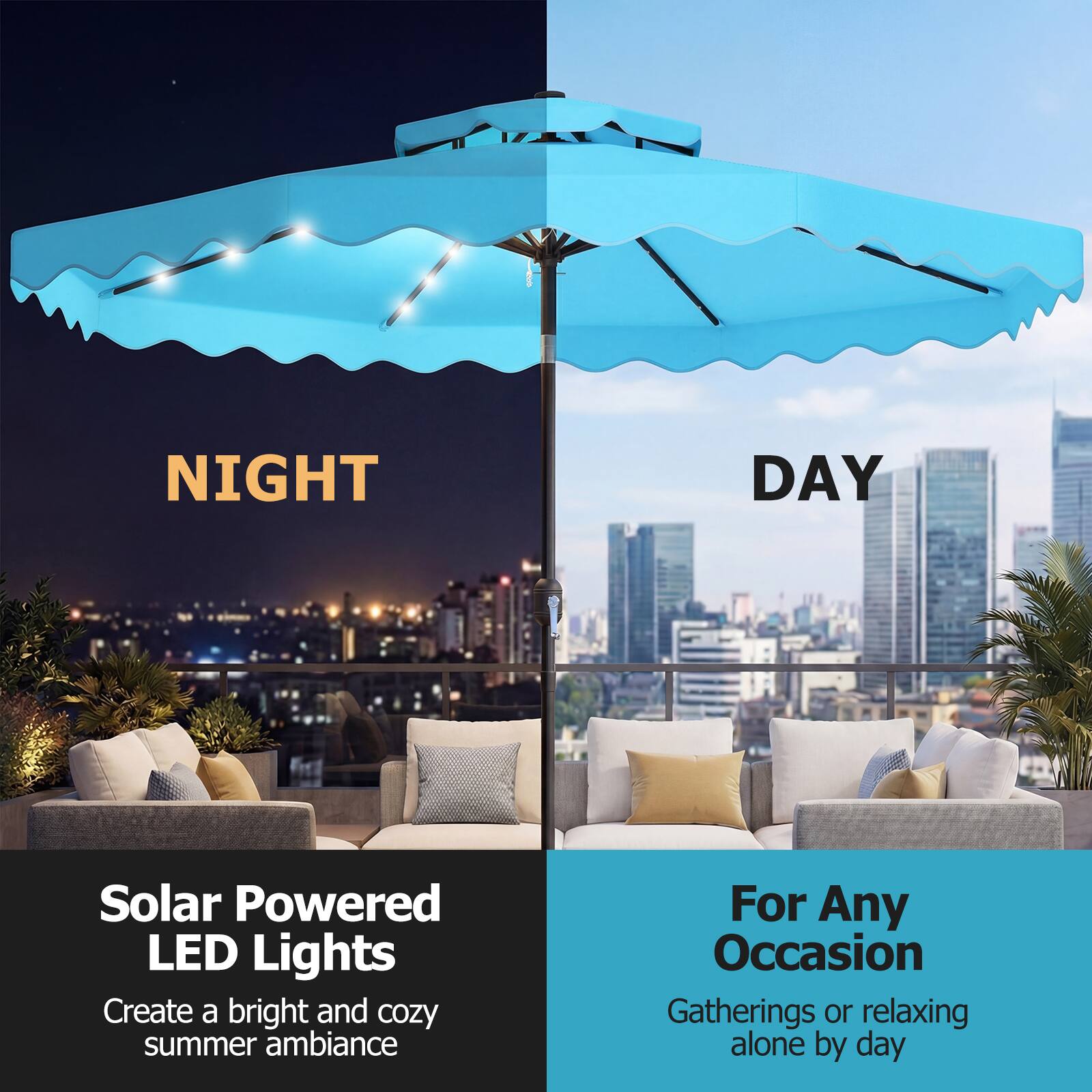 NIGHT  
DAY  

Solar Powered LED Lights  
Create a bright and cozy summer ambiance  

For Any Occasion  
Gatherings or relaxing alone by day