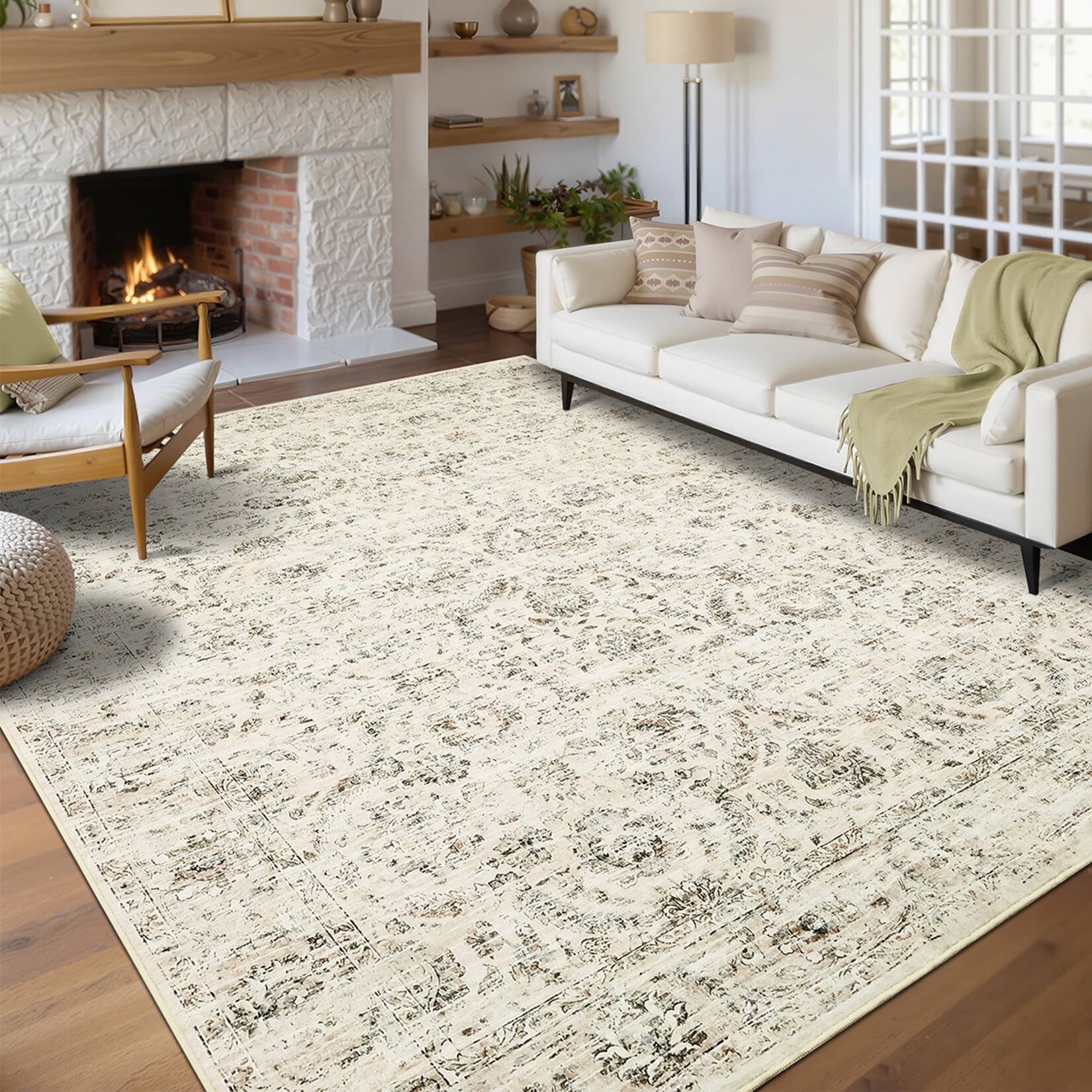 Front. Homhougo - 9x12 Vintage Runner Rug, Washable, Non-Slip, Beige - Beige.
