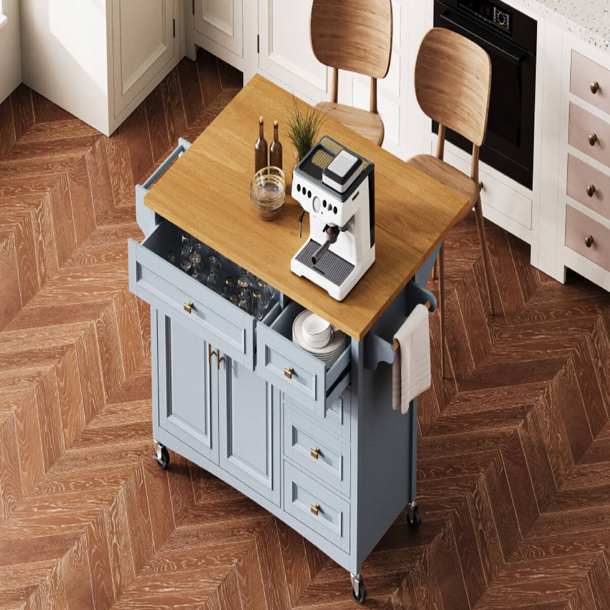 Loheer 52 inch kitchen island with drop leaf, kitchen storage cart, 5 ...