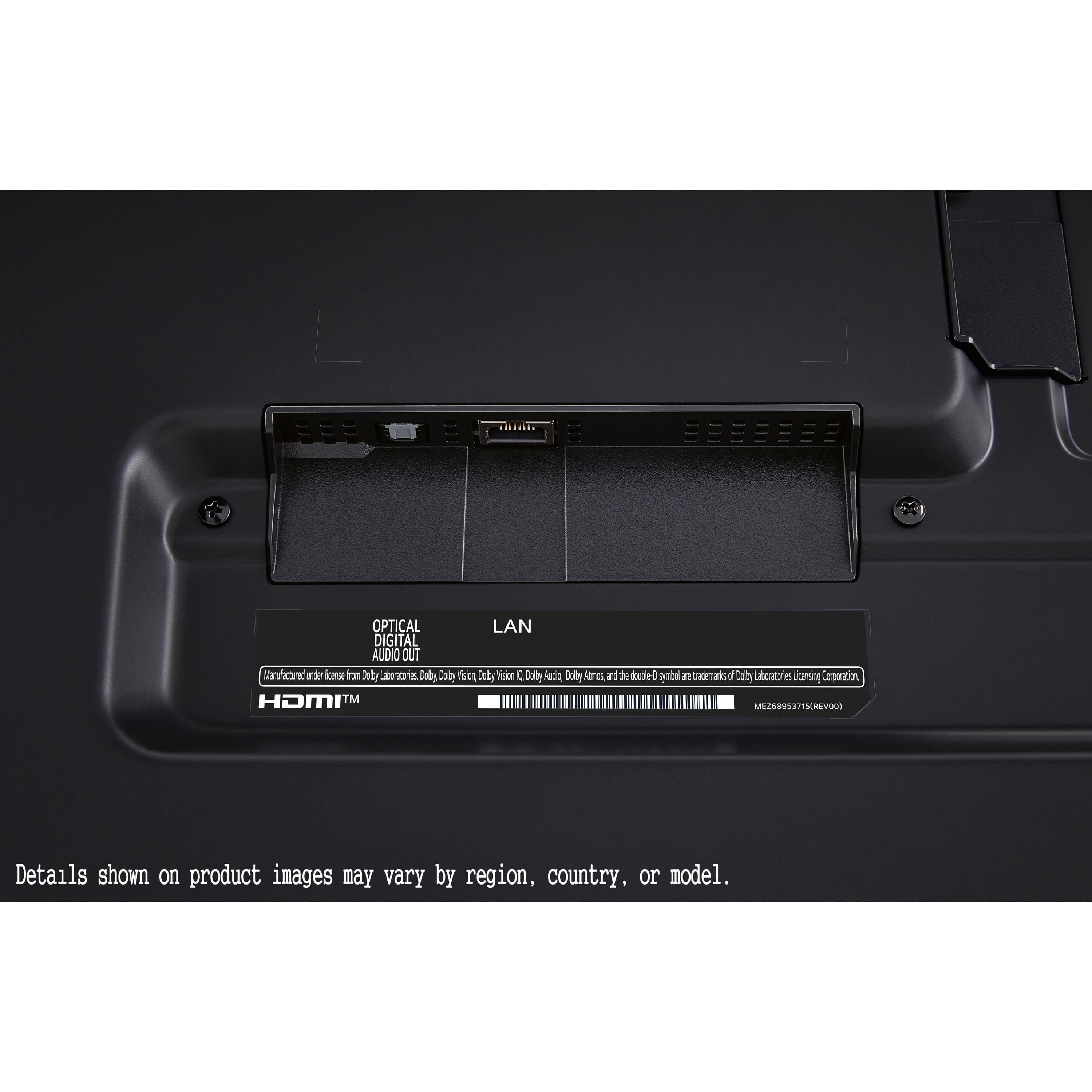 The text on the image reads: "OPTICAL LAN DIGITAL AUDIO OUT Manufactured under license from Dolby Laboratories. Dolby Vision, Dolby Atmos, and the double-D symbol are registered trademarks of Dolby Laboratories. Details shown on product images may vary by region, country, or model."