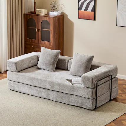 Front. Anysun - Chenille Convertible Floor Sofa Bed with Pillow Support & Armrest - Compression Couch Sleeper for Living Room & Bedroom - Light Gray.
