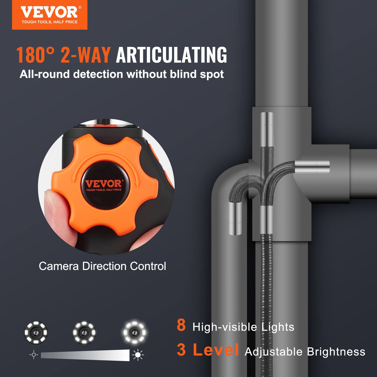 VEVOR TOUGH TOOLS, HALF PRICE

180° 2-WAY ARTICULATING  
All-round detection without blind spot

Camera Direction Control

8 High-visible Lights  
3 Level Adjustable Brightness