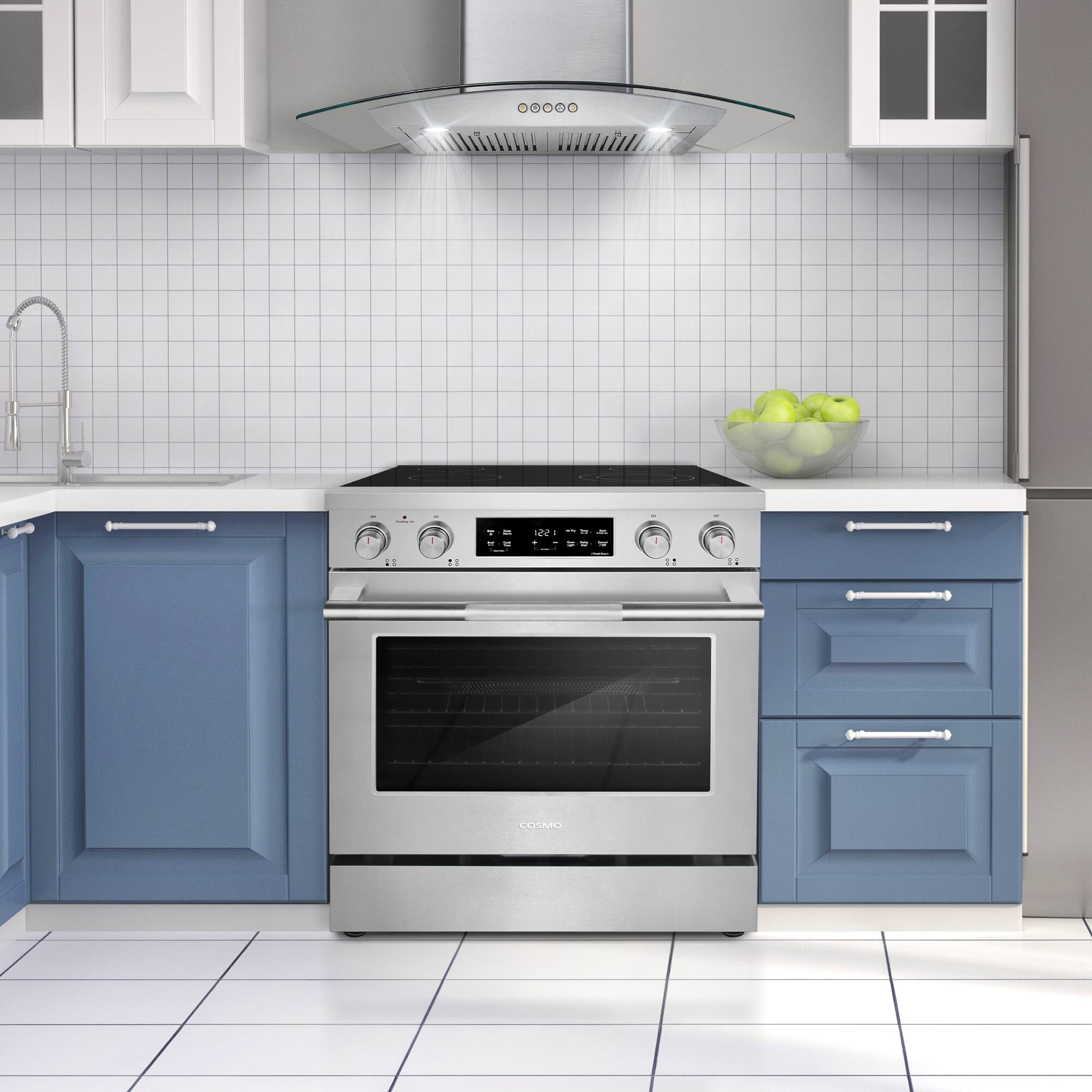 Angle. COSMO - COS-RES304SS 30 in. Stellar Collection 4.6 cu. ft. Electric Range, 4 Burner Ceramic Glass Cooktop, Convection Oven - Stainless Steel.