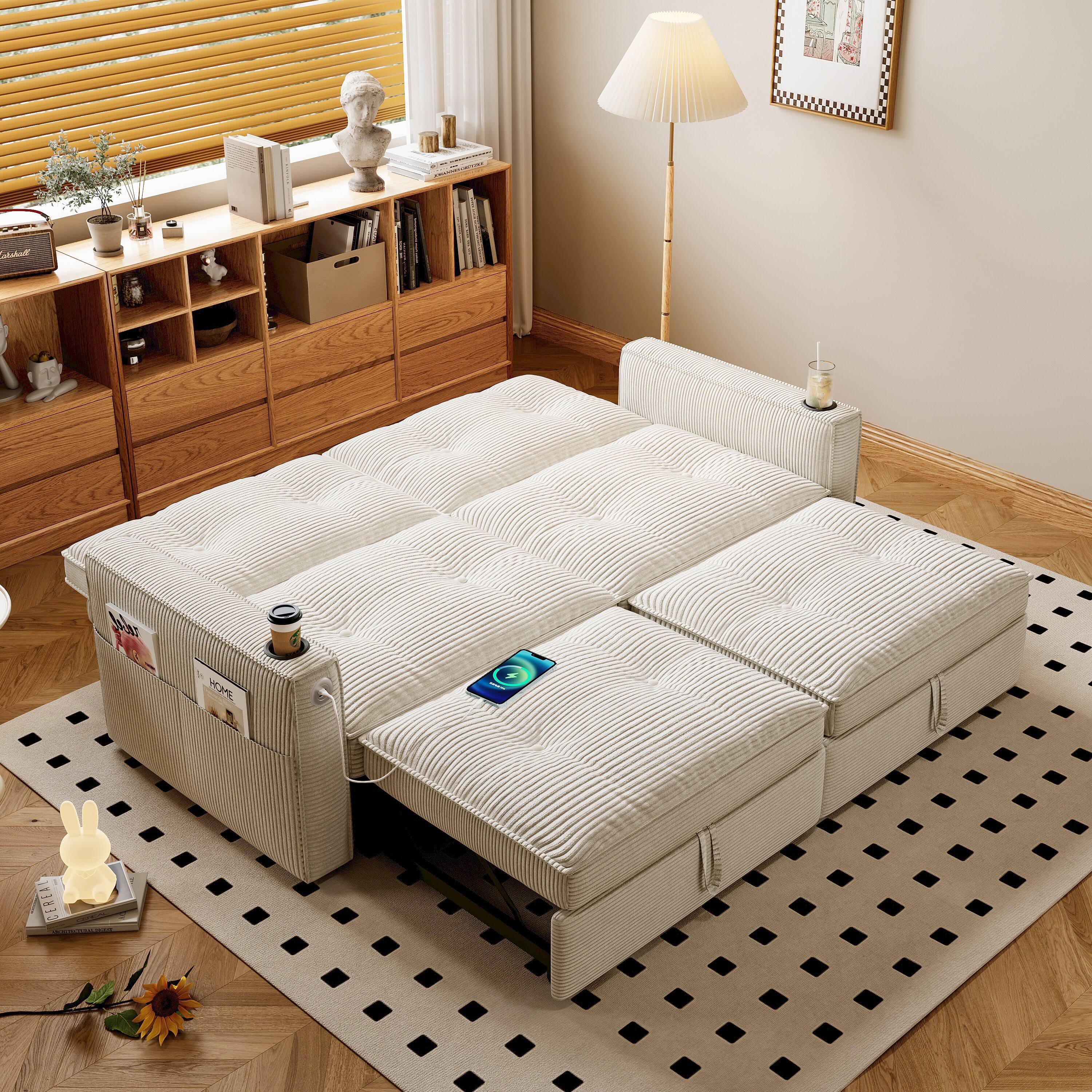 Left. LUCKY ONE - 2-in-1 Convertible Sofa Bed with Corduroy Upholstery, Dual Armrest Cup Holders and Side Storage - White.