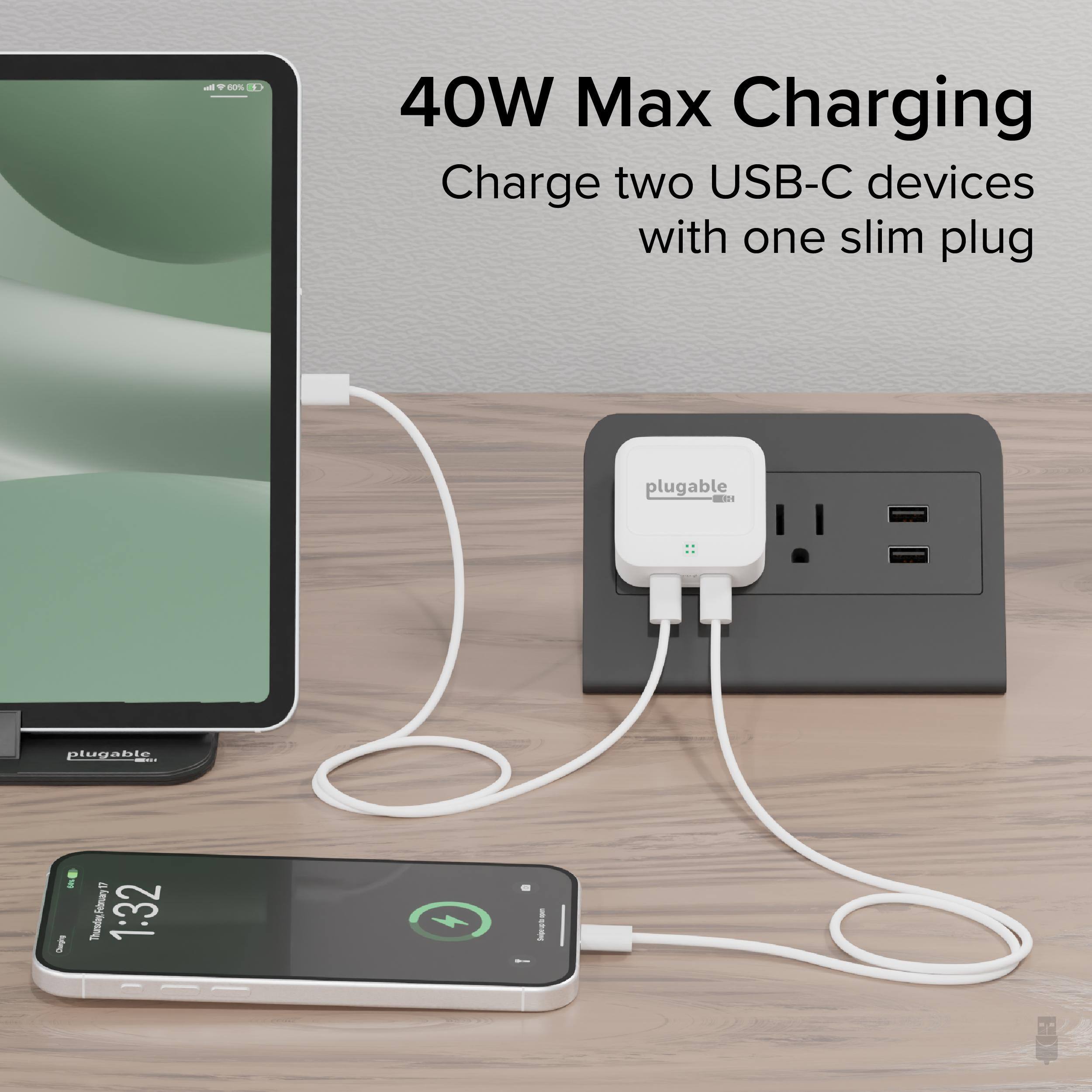 40W Max Charging  
Charge two USB-C devices with one slim plug  

plugable  

1:32