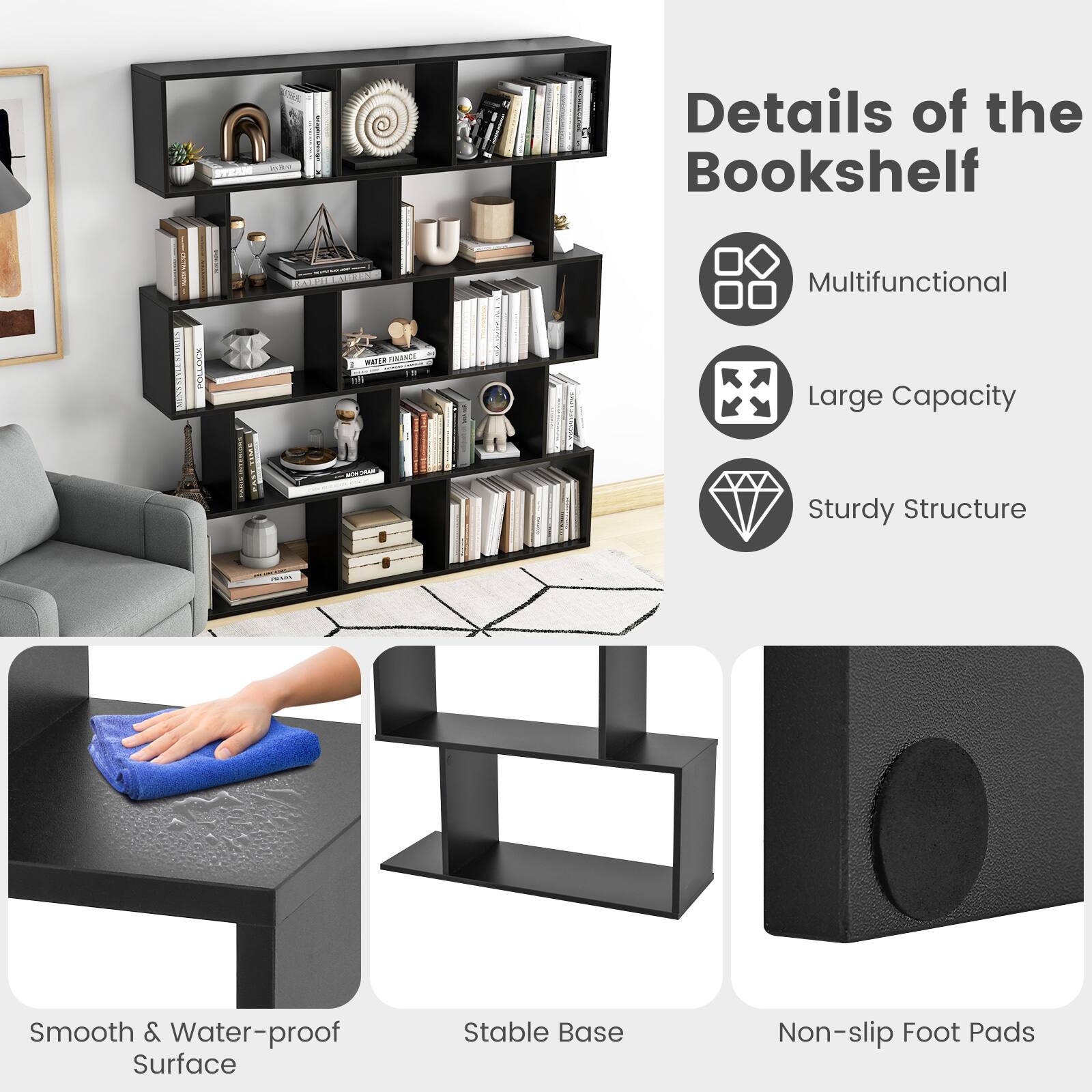 Details of the Bookshelf:
- Multifunctional: The bookshelf can be used for various purposes, such as storing books, decorative items, and other belongings.
- Large Capacity: The bookshelf can hold a significant number of items, making it suitable for storing a wide range of belongings.
- Sturdy Structure: The bookshelf is made of sturdy materials, ensuring that it can withstand daily wear and tear.
- Smooth & Water-proof Surface: The bookshelf features a smooth and water-proof surface, making it easy to clean and maintain.
- Stable Base: The bookshelf has a stable base, ensuring that it remains securely in place.
- Non-slip Foot Pads: The bookshelf has non-slip foot pads, preventing it from sliding or moving on the floor.