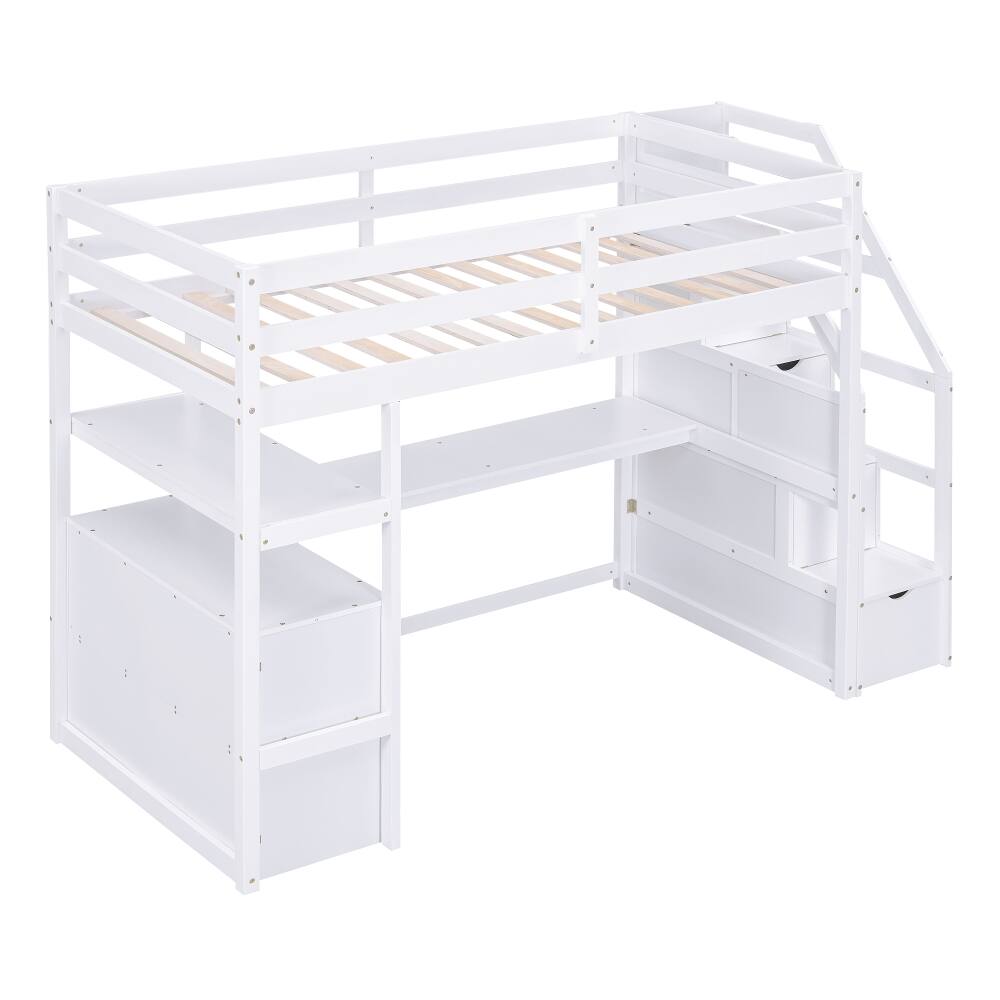 Alt View 3. Loheer - Loheer Twin Loft Bed with Desk Shelves Storage Stairs White - White.